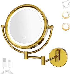GURUN 10x Magnifying Mirror with Light Wall Mounted Makeup Mirror Dimmable 3 Color LED Beauty Mirror Touch Screen Brass Rechargeable Cosmetic Mirror with Extension Arm M1809DC-9x10GJ Retro Gold