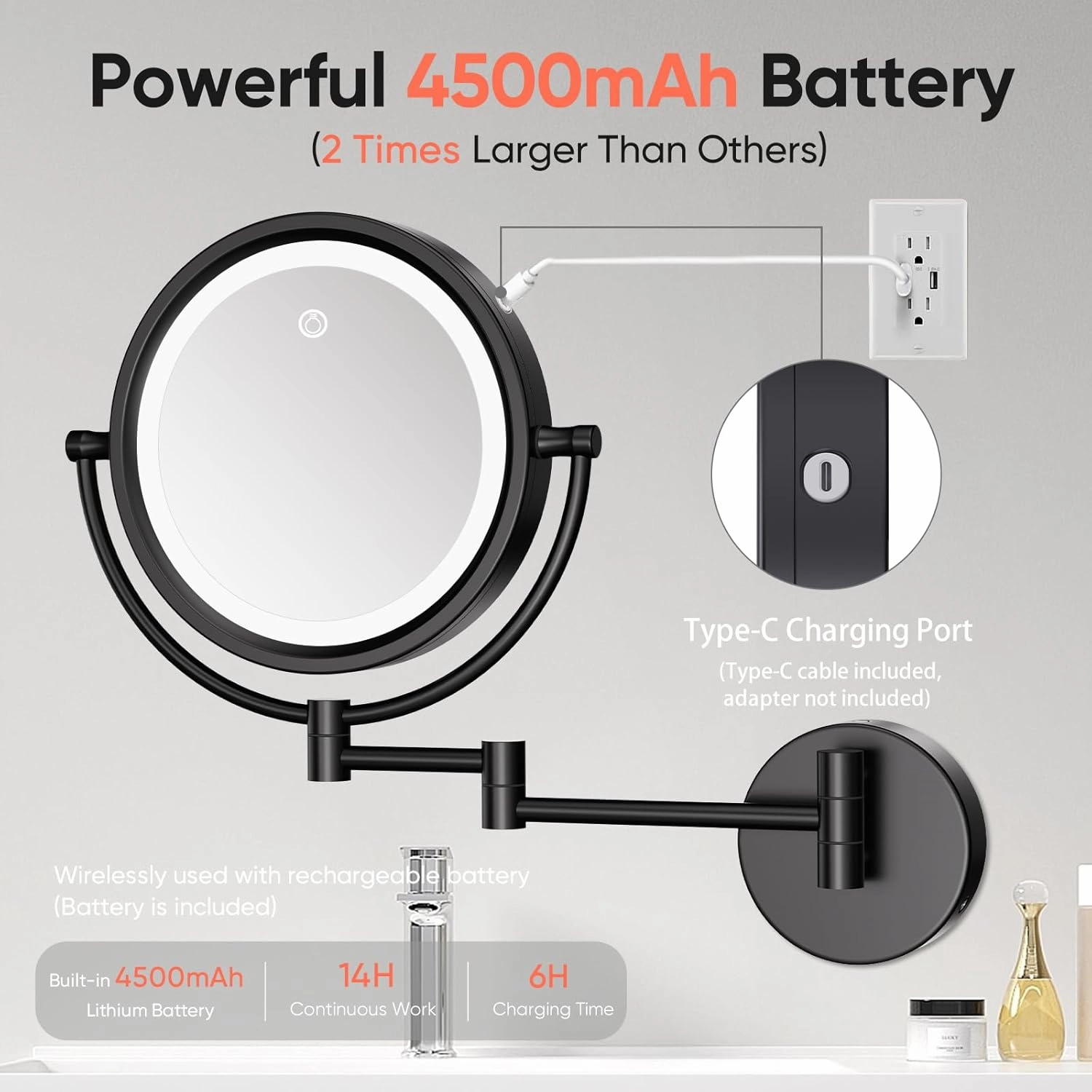 GURUN 10X Magnifying Makeup Mirror with Light - Wall Mounted Dimmable LED Mirror, 3 Color Modes Touch Screen, Rechargeable Brass Cosmetic Mirror with Adjustable Arm (Black)