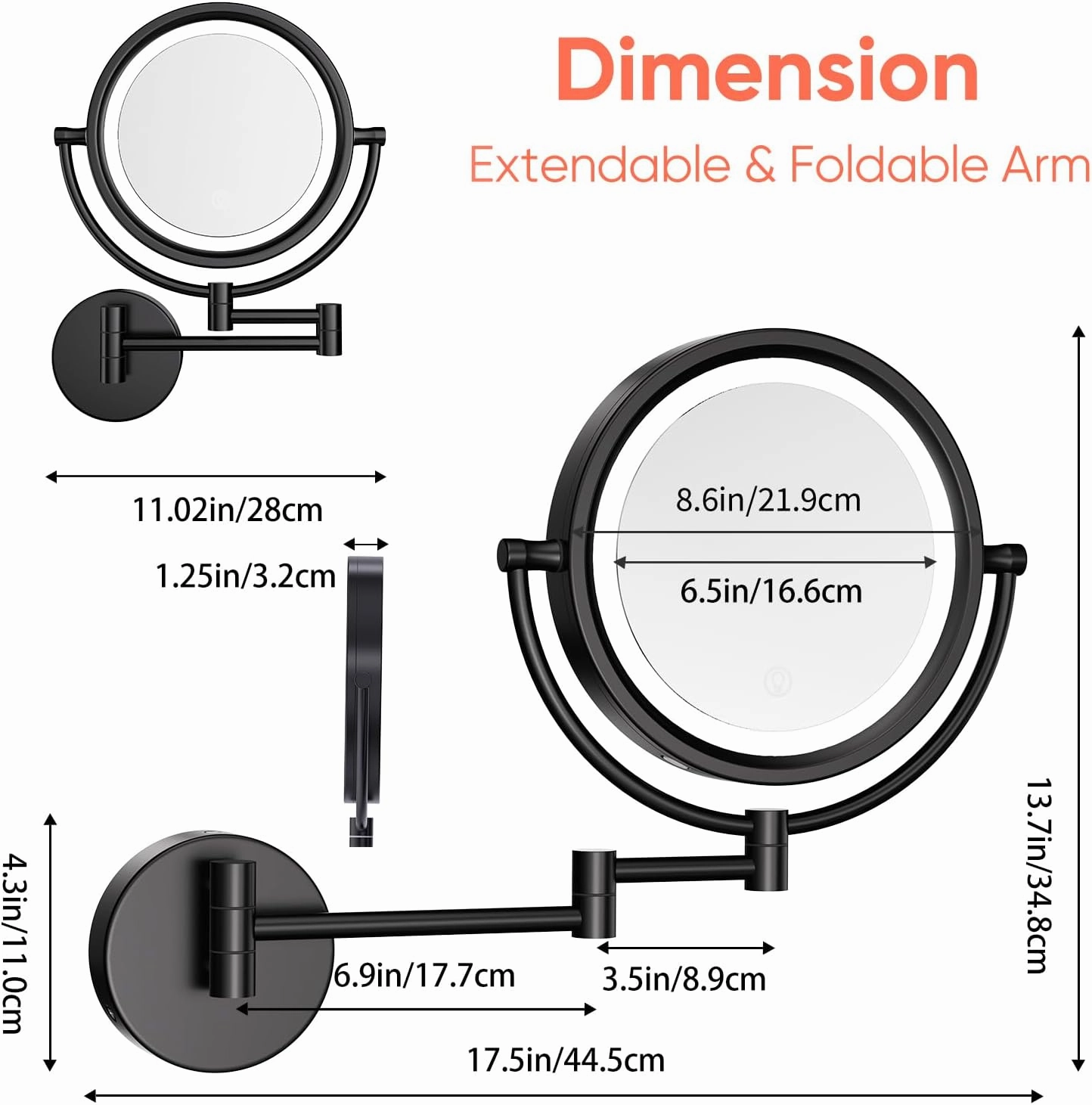 GURUN 10X Magnifying Makeup Mirror with Light - Wall Mounted Dimmable LED Mirror, 3 Color Modes Touch Screen, Rechargeable Brass Cosmetic Mirror with Adjustable Arm (Black)