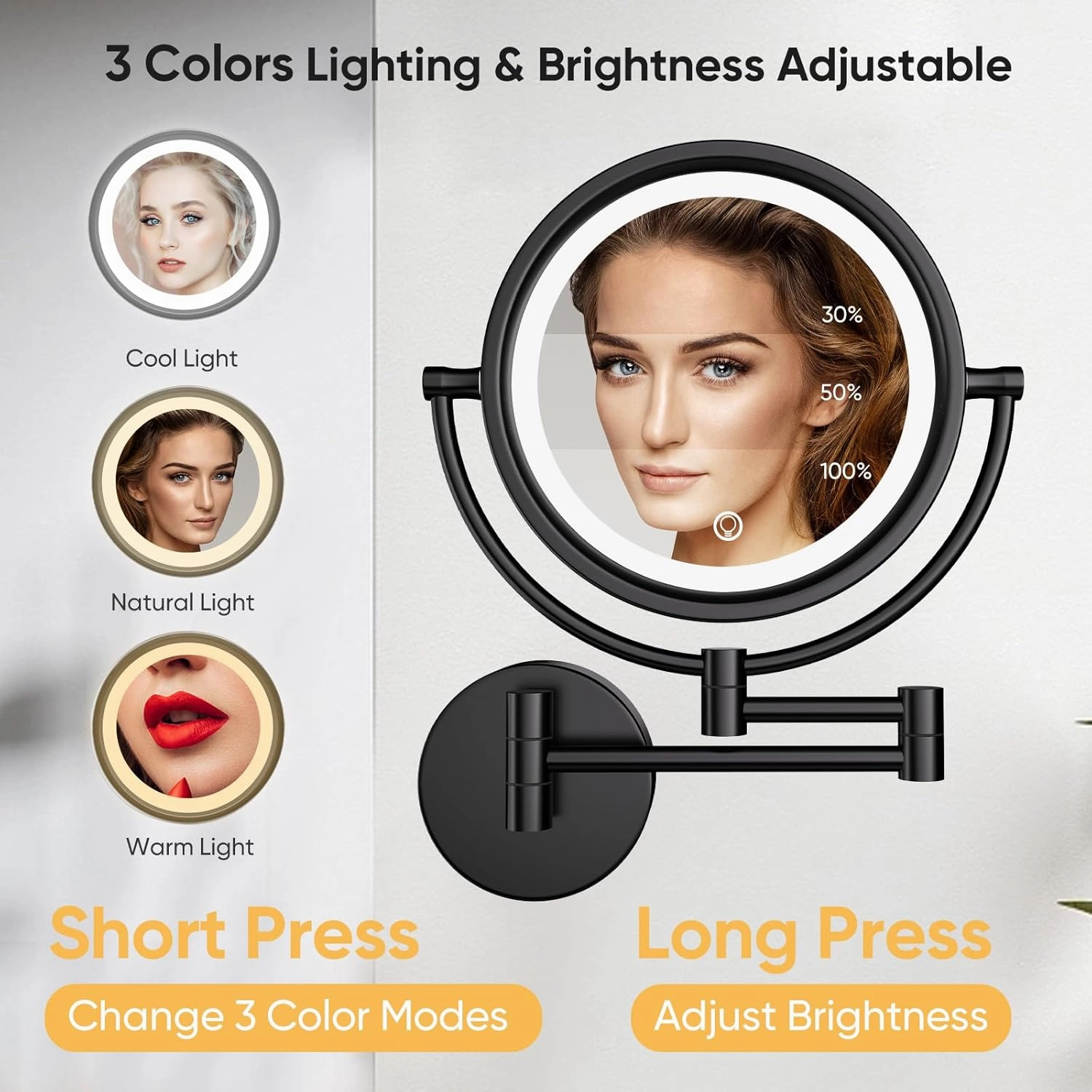 GURUN 10X Magnifying Makeup Mirror with Light - Wall Mounted Dimmable LED Mirror, 3 Color Modes Touch Screen, Rechargeable Brass Cosmetic Mirror with Adjustable Arm (Black)