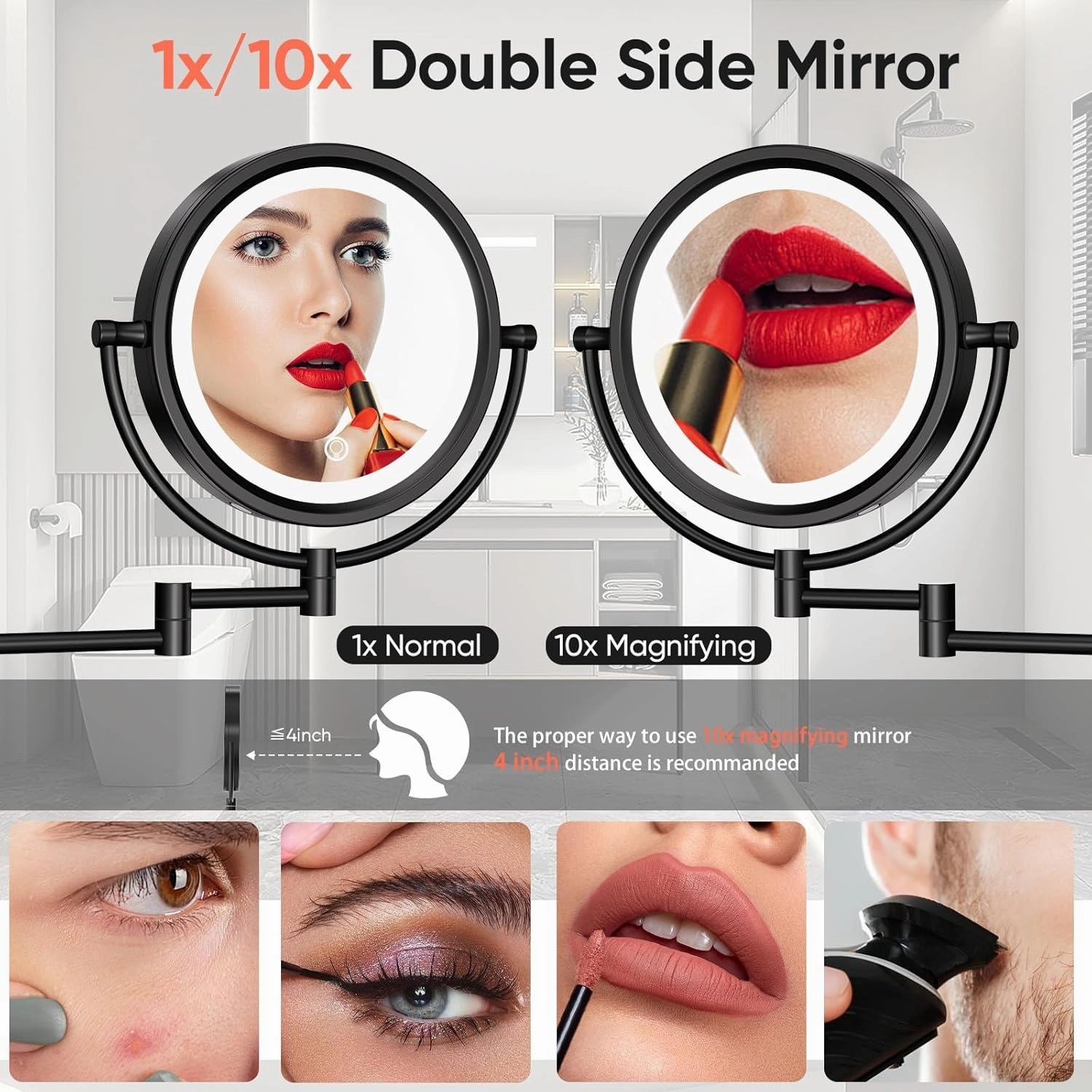 GURUN 10X Magnifying Makeup Mirror with Light - Wall Mounted Dimmable LED Mirror, 3 Color Modes Touch Screen, Rechargeable Brass Cosmetic Mirror with Adjustable Arm (Black)