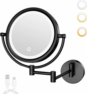 GURUN 10X Magnifying Makeup Mirror with Light - Wall Mounted Dimmable LED Mirror, 3 Color Modes Touch Screen, Rechargeable Brass Cosmetic Mirror with Adjustable Arm (Black)