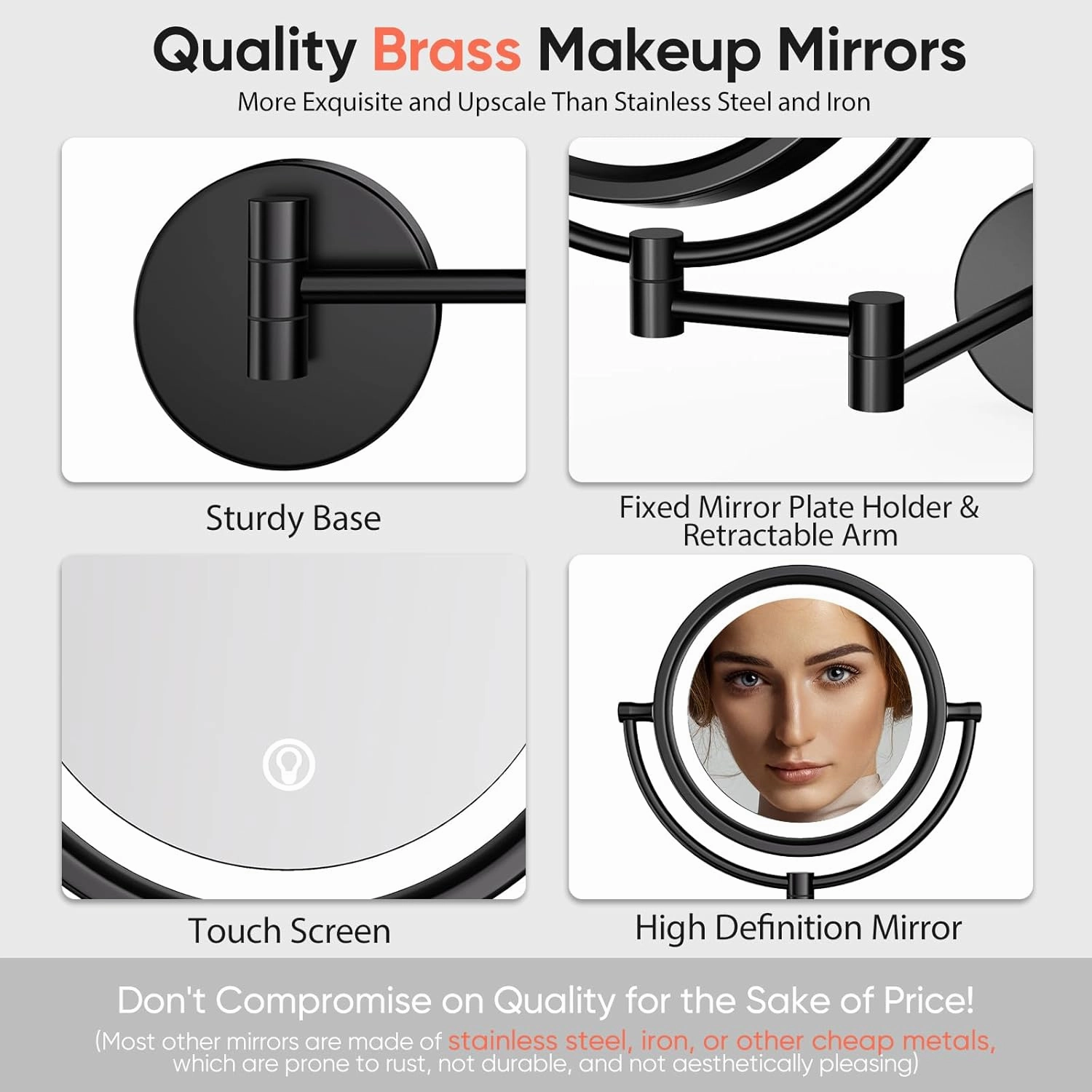 GURUN 10X Magnifying Makeup Mirror with Light - Wall Mounted Dimmable LED Mirror, 3 Color Modes Touch Screen, Rechargeable Brass Cosmetic Mirror with Adjustable Arm (Black)