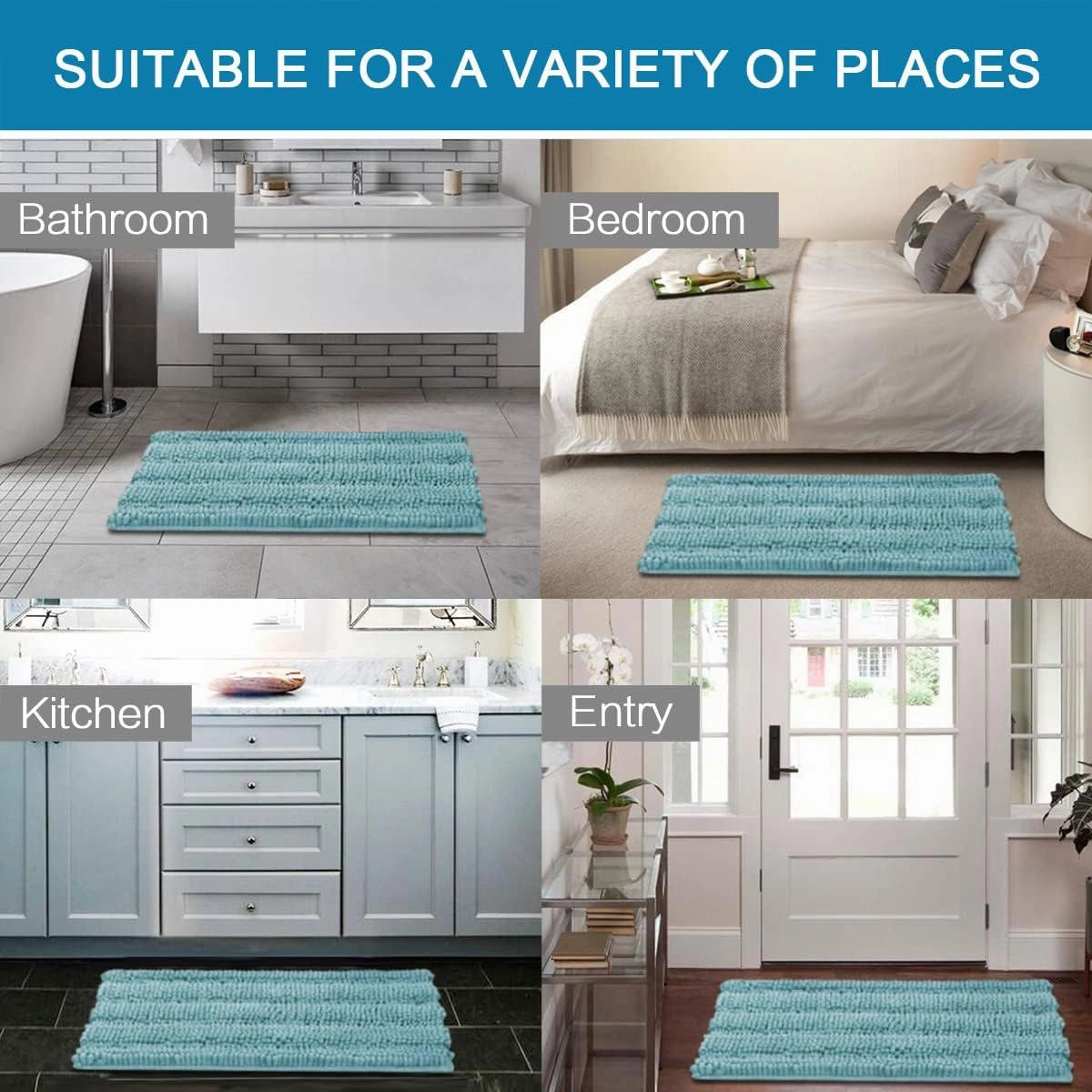 H.VERSAILTEX Extra Thick Chenille Striped Pattern Bath Rugs for Bathroom Non Slip - Soft Plush Shaggy Mats for Floor, Indoor, Entryway (Aqua Haze, 32 x 20 Plus 24 x 17 - Inches)