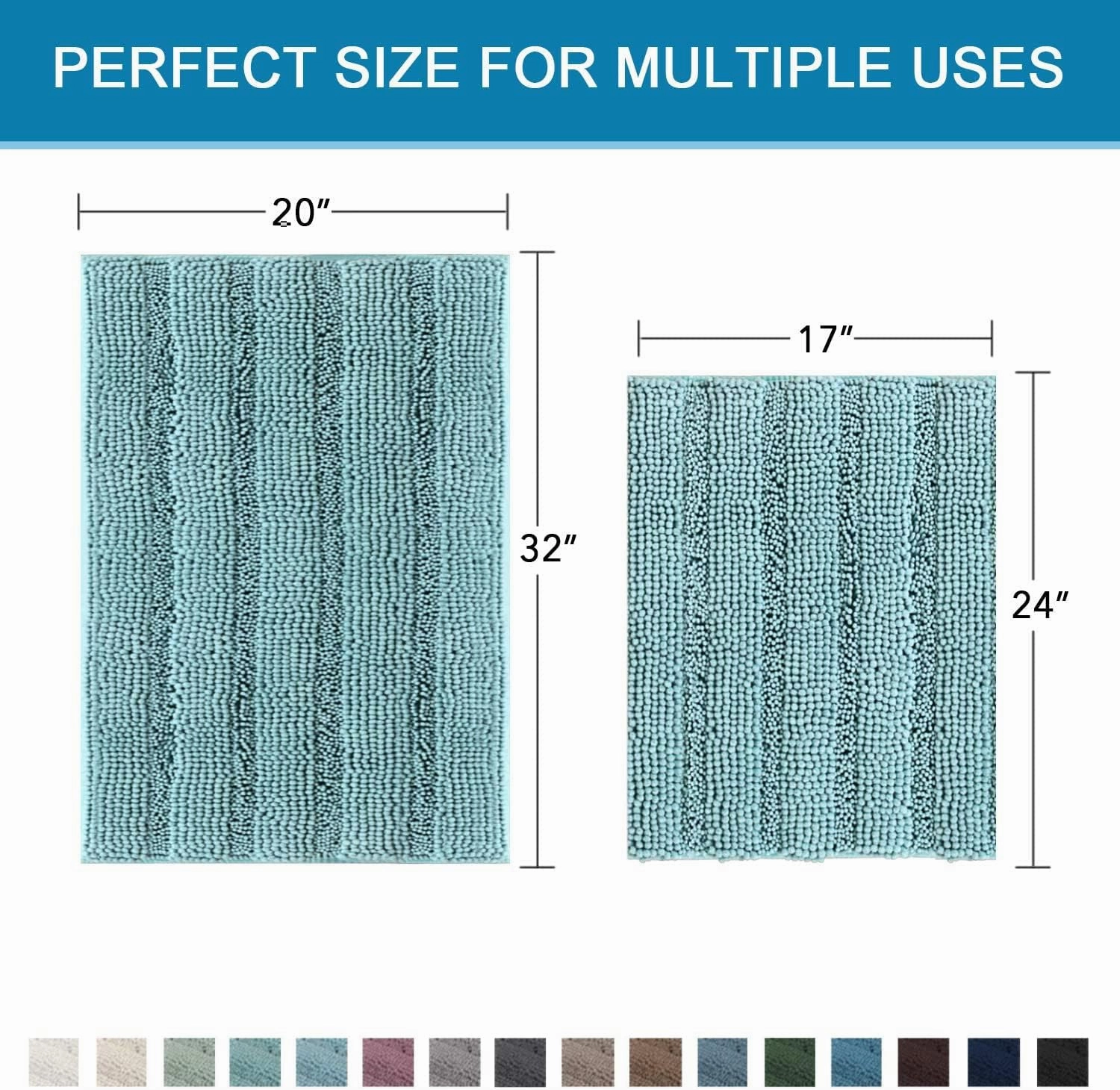 H.VERSAILTEX Extra Thick Chenille Striped Pattern Bath Rugs for Bathroom Non Slip - Soft Plush Shaggy Mats for Floor, Indoor, Entryway (Aqua Haze, 32 x 20 Plus 24 x 17 - Inches)