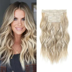 Hair Extensions, 14" Short Clip in Hair Extensions 4PCS Beach Wave Blonde Natural Soft Synthetic Hairpiece for Women - Ash Blonde with Highlights