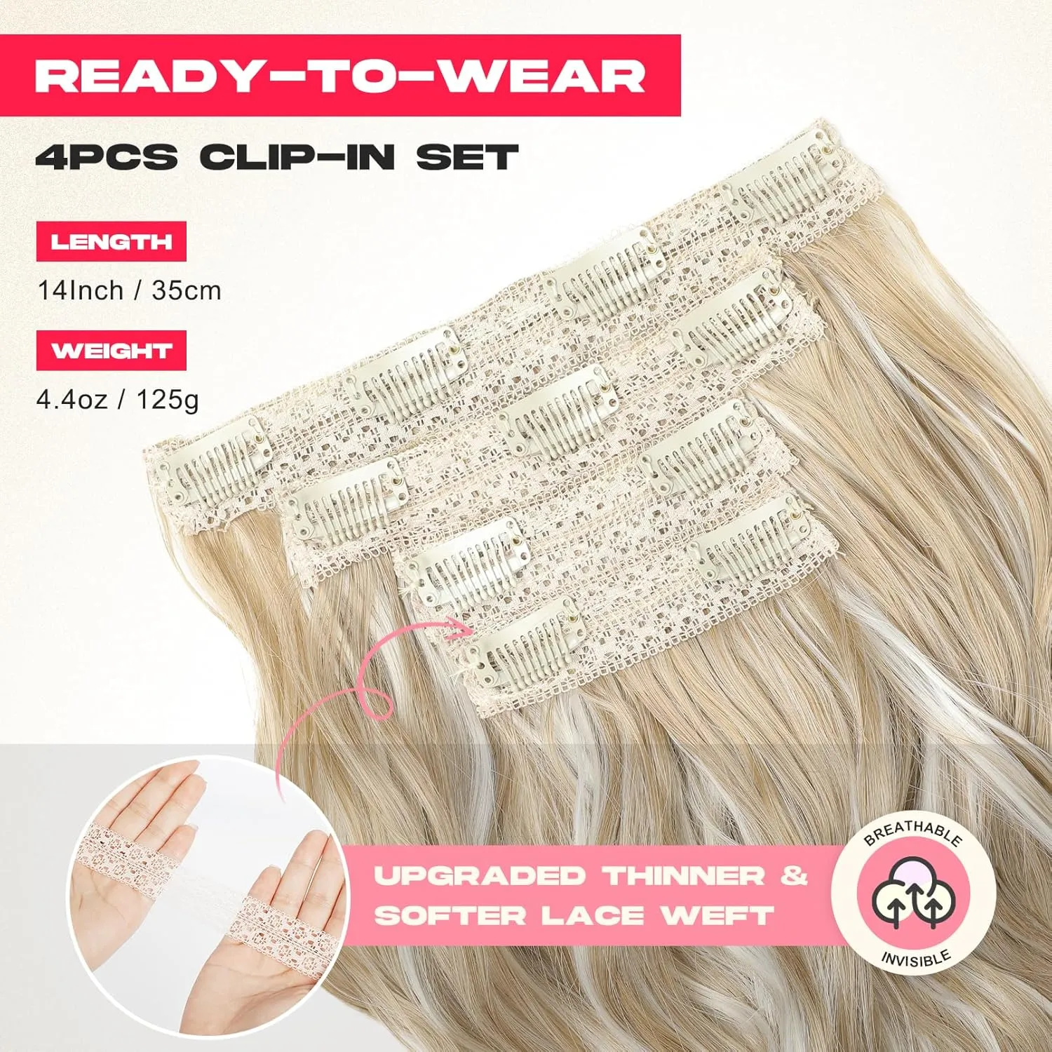 Hair Extensions, 14" Short Clip in Hair Extensions 4PCS Beach Wave Blonde Natural Soft Synthetic Hairpiece for Women - Ash Blonde with Highlights