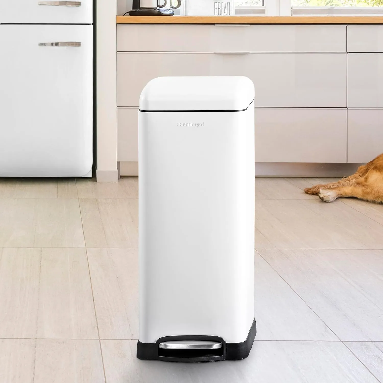 happimess HPM1007A Betty Retro 8-Gallon Step-Open Trash Can with Soft-Close Lid, Fingerprint Resistant, Modern, Minimalistic for Home, Kitchen, Laundry Room, Office, Bedroom, Bathroom, White