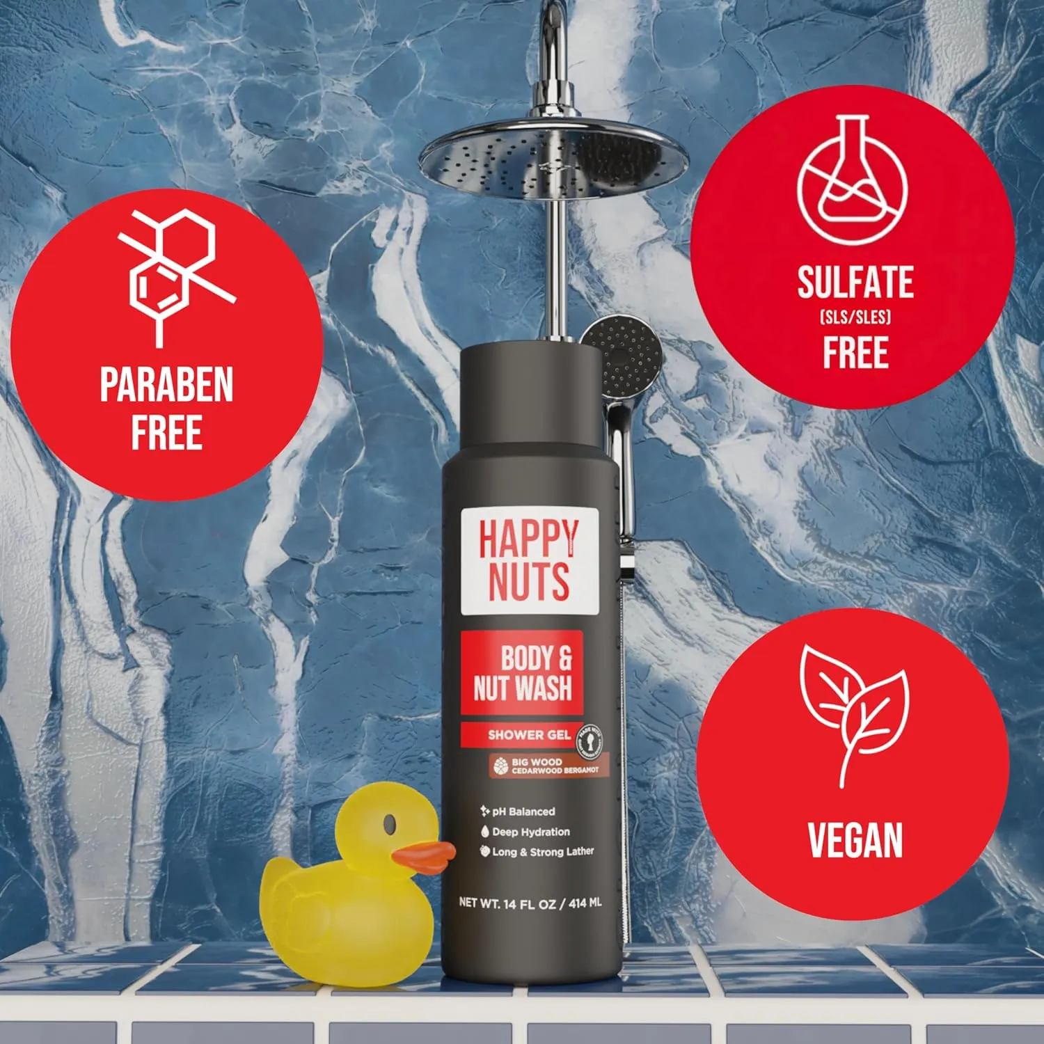 HAPPY NUTS Big Wood Body and Nut Wash - Moisturizing Men's Shower Gel, Bodywash with Deep Cleanse for Sensitive Skin - Men's Body Soap