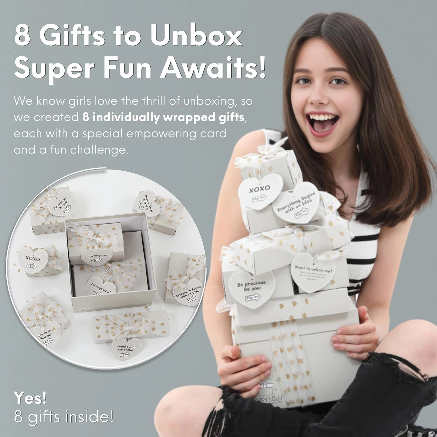 HAPPY LOLLI Gift Basket for Tween & Teen Girls – 8 Trendy Gifts with Tasks & Empowering Cards – Great for Birthdays.