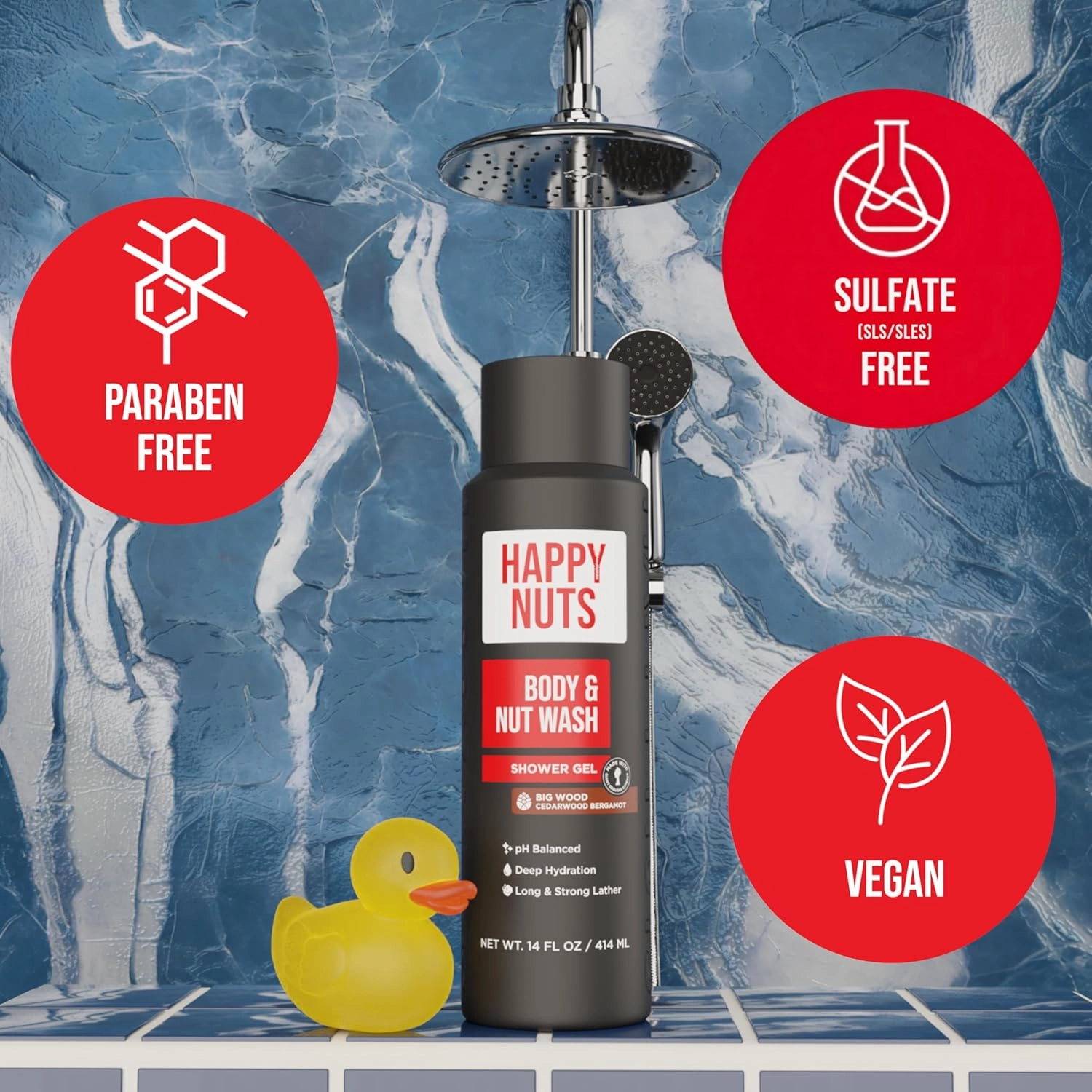 HAPPY NUTS Big Wood Body and Nut Wash - Moisturizing Men's Shower Gel, Natural Bodywash with Deep Cleanse for Sensitive Skin - Men's Body Soap (3 Pack, Big Wood)