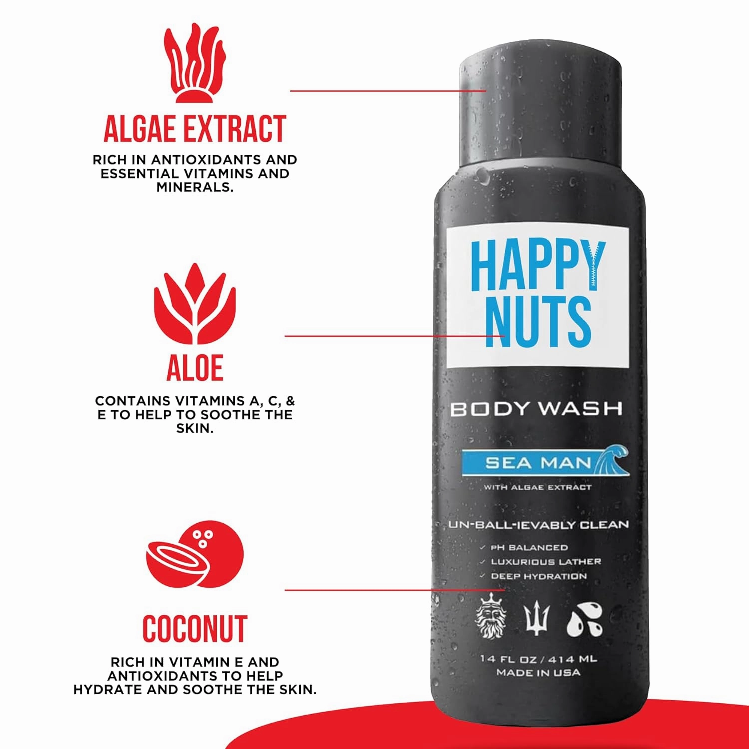 HAPPY NUTS Sea Man Body and Nut Wash - Moisturizing Men's Shower Gel, Bodywash with Deep Cleanse for Sensitive Skin - Men's Body Soap