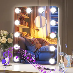 Hasipu LED Makeup Mirror with Bluetooth Speaker, 12" x 14" Hollywood Vanity Mirror with Lights, Rounded Rectangle White Frame, 3 Modes Light, Smart Touch Control Dimmable, 360°Rotation