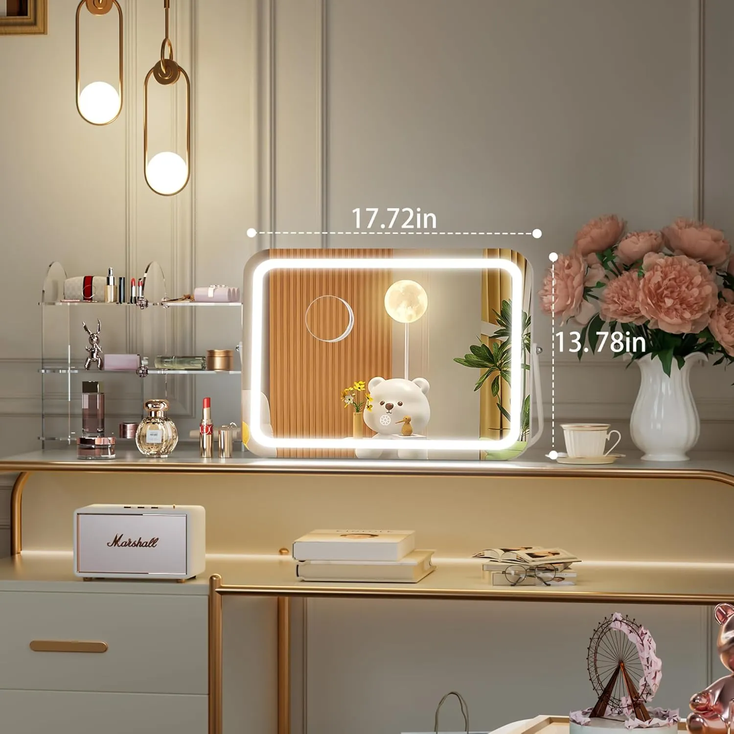 Hasipu LED Makeup Mirror with Bluetooth Speaker, 18" x 14" Vanity Mirror with Lights, Rounded Rectangle White Frame, 3 Modes Light, Smart Touch Control Dimmable, 360°Rotation, With 5X magnifying glass