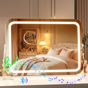 Hasipu LED Makeup Mirror with Bluetooth Speaker, 18" x 14" Vanity Mirror with Lights, Rounded Rectangle White Frame, 3 Modes Light, Smart Touch Control Dimmable, 360°Rotation, With 5X magnifying glass