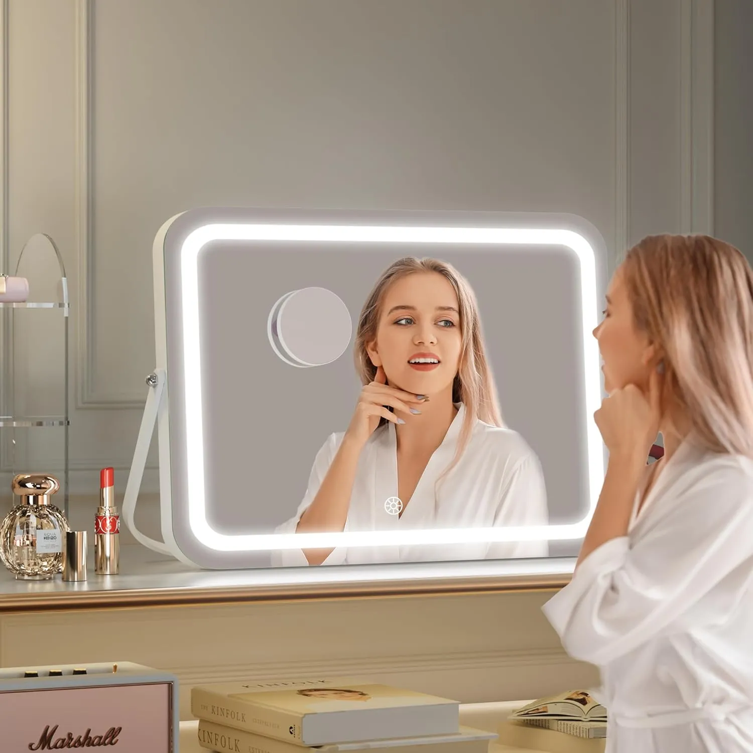 Hasipu LED Makeup Mirror with Bluetooth Speaker, 18" x 14" Vanity Mirror with Lights, Rounded Rectangle White Frame, 3 Modes Light, Smart Touch Control Dimmable, 360°Rotation, With 5X magnifying glass