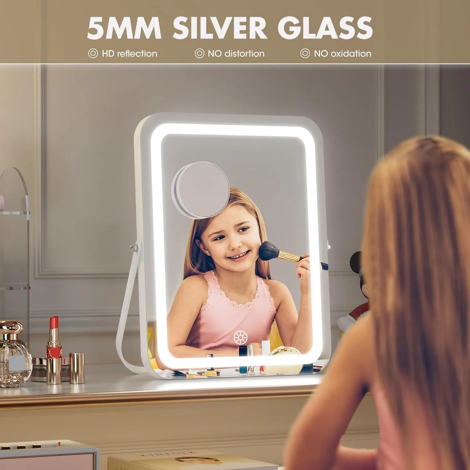 Hasipu Vanity Mirror with Lights, 11" x 14" LED Makeup Mirror, 3 Modes Light, Smart Touch Control Dimmable, 360°Rotation, Rectangle White Frame, with 5X Magnifying Glass