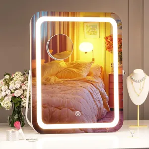 Hasipu Vanity Mirror with Lights, 11" x 14" LED Makeup Mirror, 3 Modes Light, Smart Touch Control Dimmable, 360°Rotation, Rectangle White Frame, with 5X Magnifying Glass
