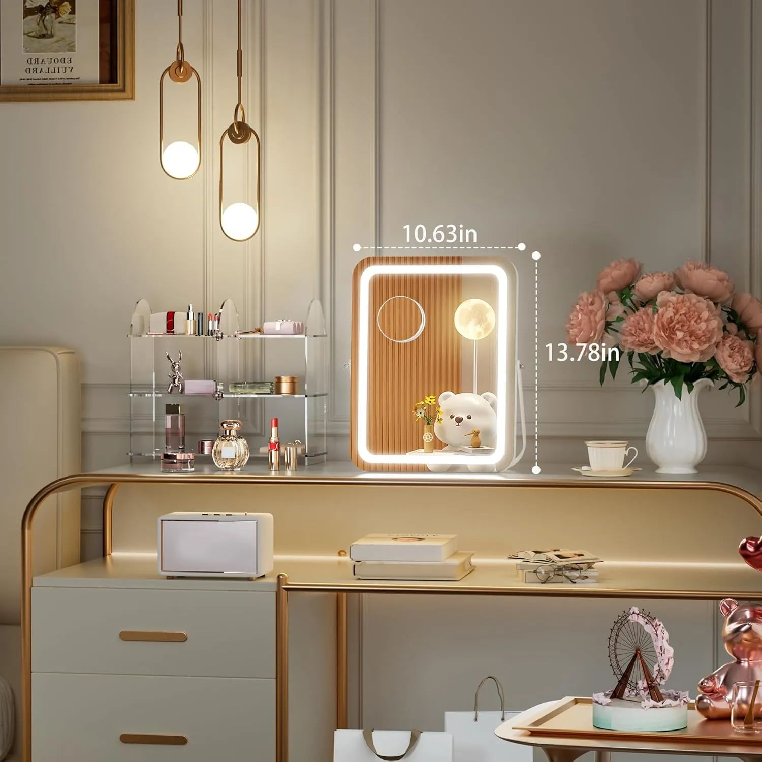 Hasipu Vanity Mirror with Lights, 11" x 14" LED Makeup Mirror, 3 Modes Light, Smart Touch Control Dimmable, 360°Rotation, Rectangle White Frame, with 5X Magnifying Glass