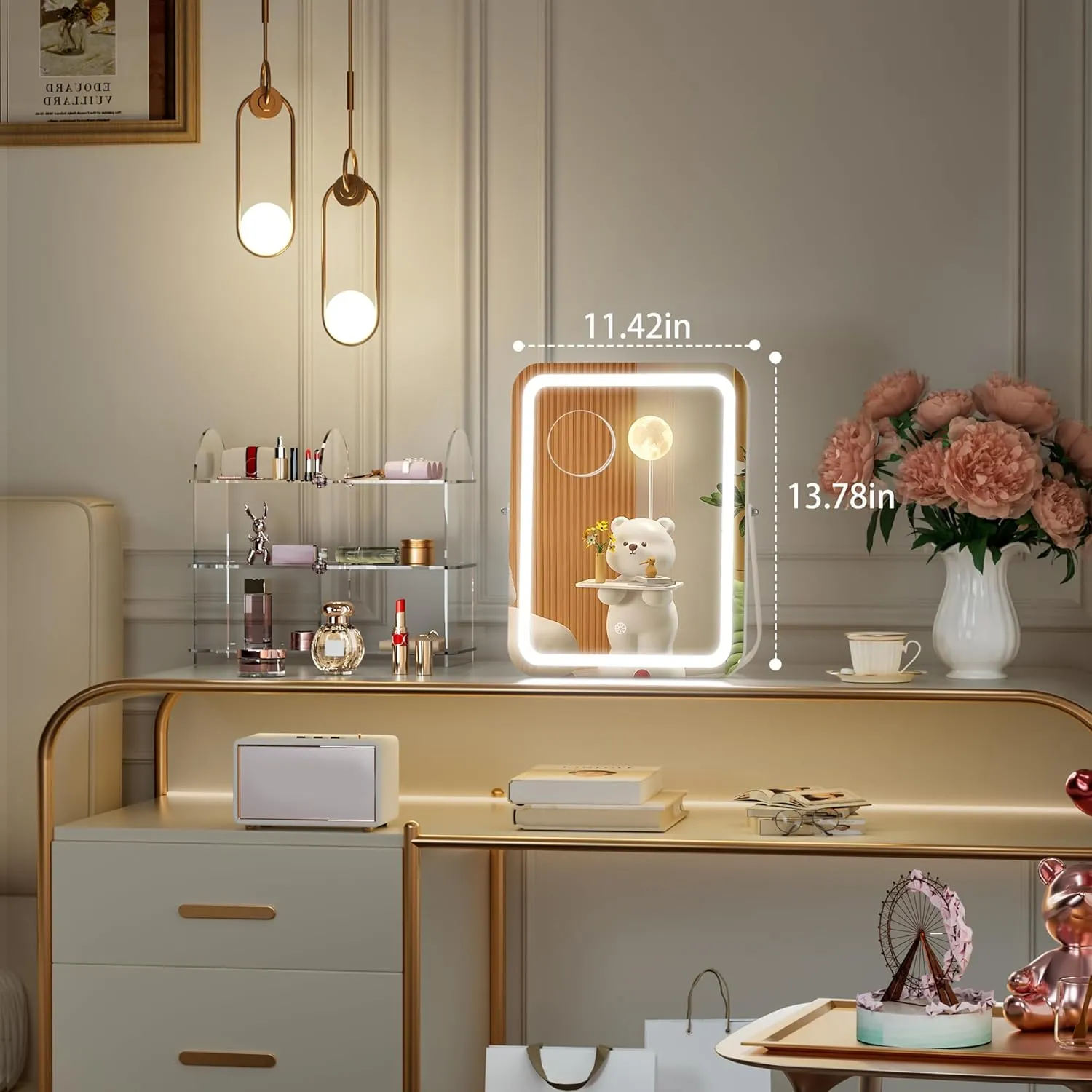 Hasipu Vanity Mirror with Lights, 12" x 14" LED Makeup Mirror, 3 Modes Light, Smart Touch Control Dimmable, 360°Rotation, Rectangle White Frame, with 5X Magnifying Glass