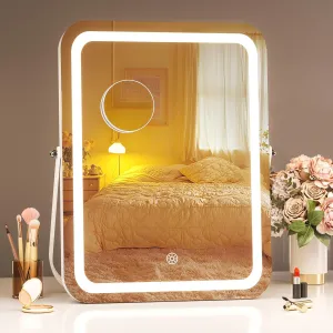 Hasipu Vanity Mirror with Lights, 12" x 14" LED Makeup Mirror, 3 Modes Light, Smart Touch Control Dimmable, 360°Rotation, Rectangle White Frame, with 5X Magnifying Glass