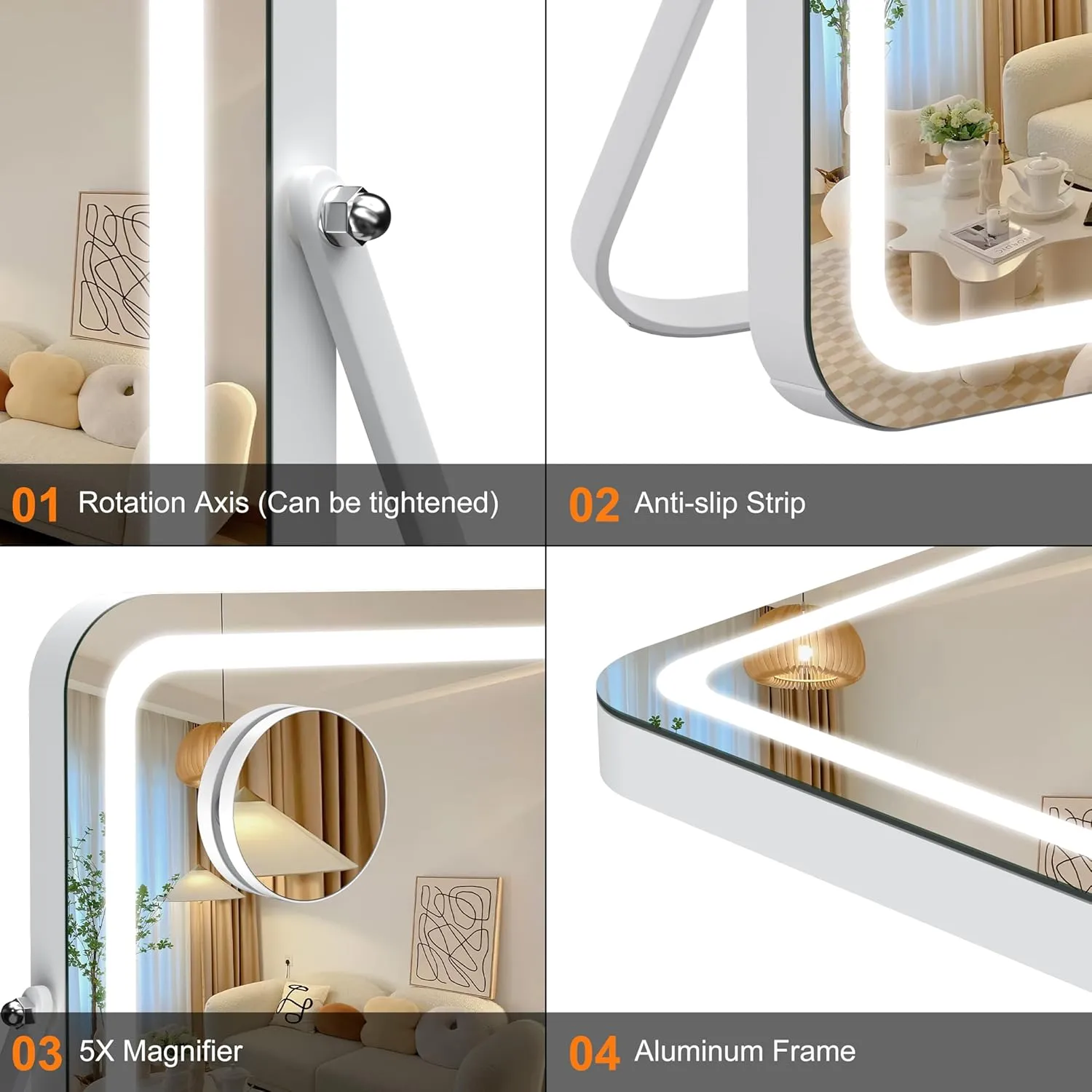 Hasipu Vanity Mirror with Lights, 12" x 14" LED Makeup Mirror, 3 Modes Light, Smart Touch Control Dimmable, 360°Rotation, Rectangle White Frame, with 5X Magnifying Glass