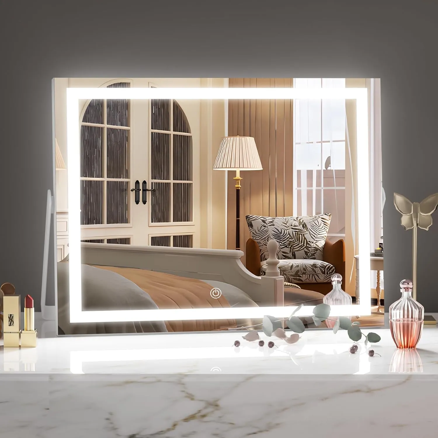 Hasipu Vanity Mirror with Lights, 14" x 11" LED Makeup Mirror, 3 Modes Light, Smart Touch Control Dimmable, 360°Rotation, Rectangle White Frame, with 5X Magnifying Glass