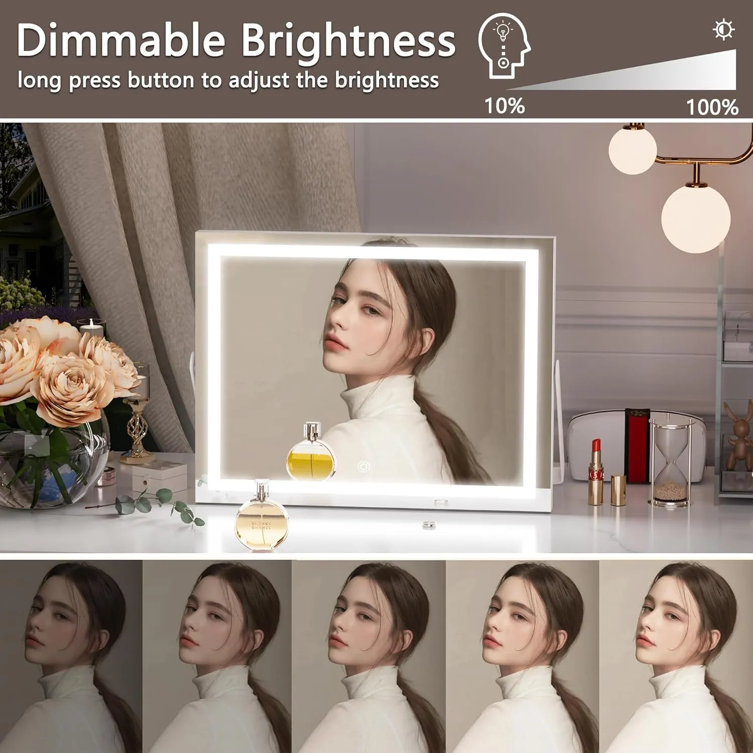 Hasipu Vanity Mirror with Lights, 14" x 11" LED Makeup Mirror, 3 Modes Light, Smart Touch Control Dimmable, 360°Rotation, Rectangle White Frame, with 5X Magnifying Glass