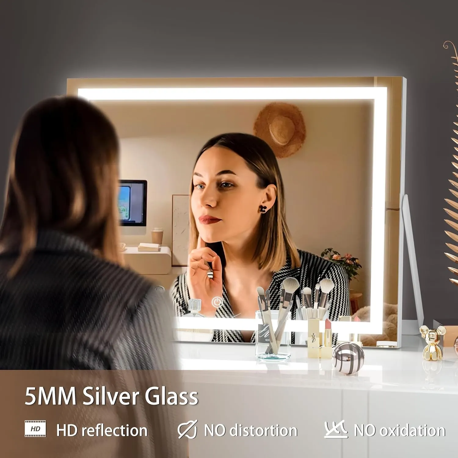Hasipu Vanity Mirror with Lights, 14" x 11" LED Makeup Mirror, 3 Modes Light, Smart Touch Control Dimmable, 360°Rotation, Rectangle White Frame, with 5X Magnifying Glass