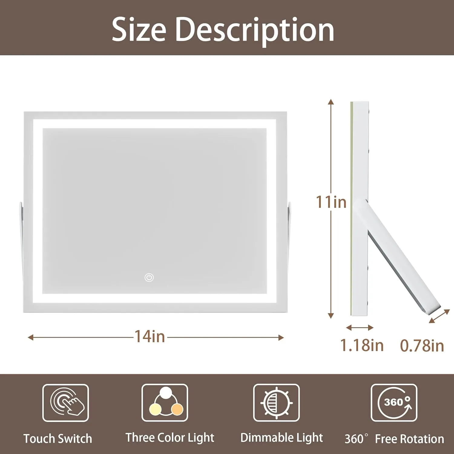 Hasipu Vanity Mirror with Lights, 14" x 11" LED Makeup Mirror, 3 Modes Light, Smart Touch Control Dimmable, 360°Rotation, Rectangle White Frame, with 5X Magnifying Glass