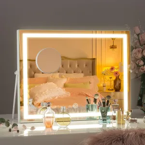 Hasipu Vanity Mirror with Lights, 14" x 11" LED Makeup Mirror, 3 Modes Light, Smart Touch Control Dimmable, 360°Rotation, Rectangle White Frame, with 5X Magnifying Glass