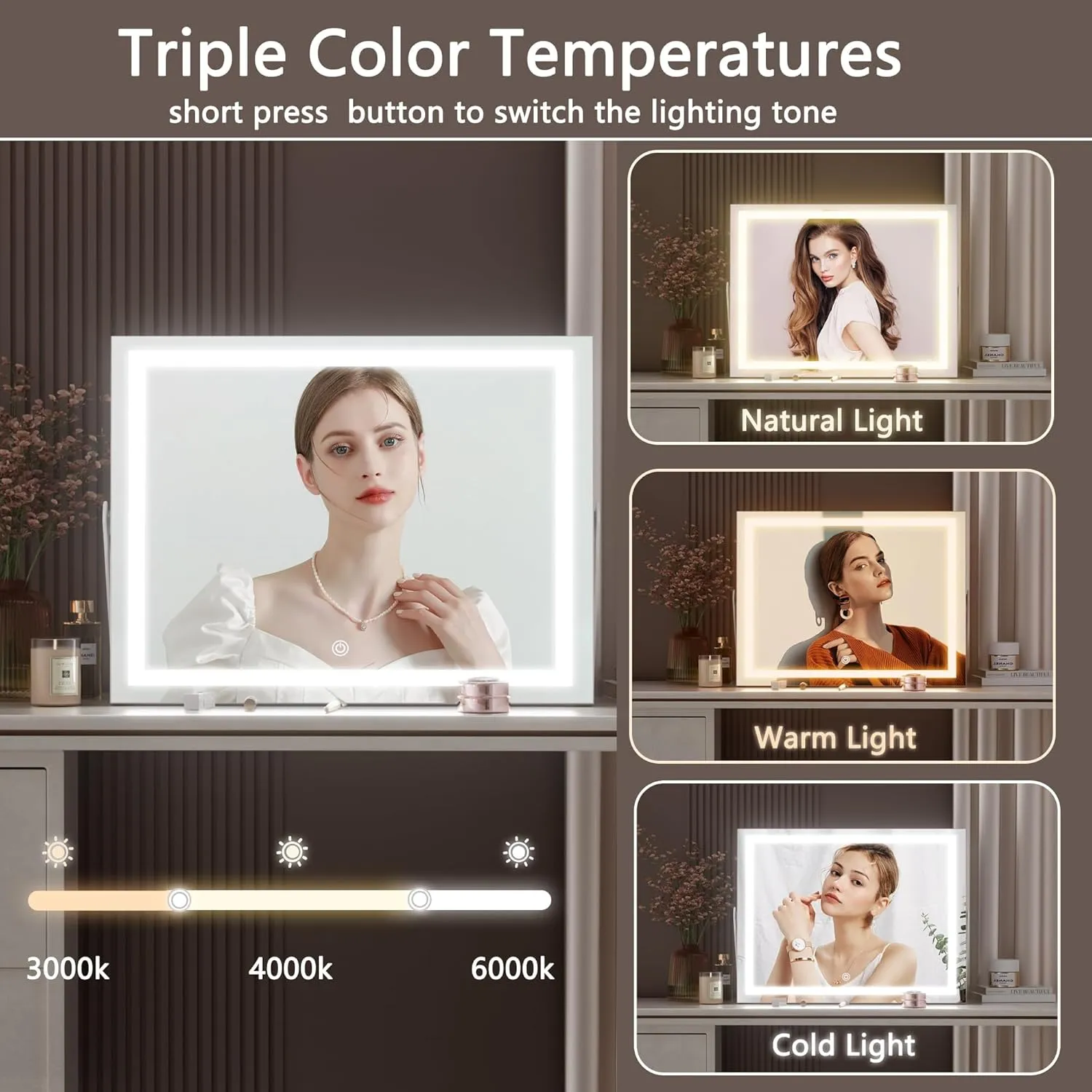 Hasipu Vanity Mirror with Lights, 14" x 11" LED Makeup Mirror, 3 Modes Light, Smart Touch Control Dimmable, 360°Rotation, Rectangle White Frame, with 5X Magnifying Glass