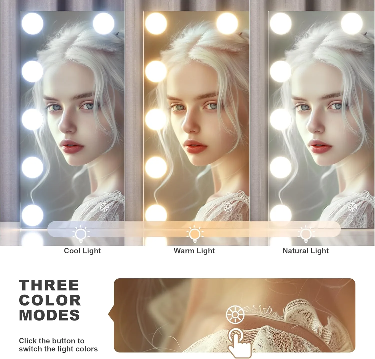Hasipu Vanity Mirror with Lights and Bluetooth Speaker, 17.7" x 13.8" Hollywood Mirror, Makeup Mirror with 14 Dimmable Bulbs and 10X Magnification, 3 Colors Modes, 360° Rotation, White