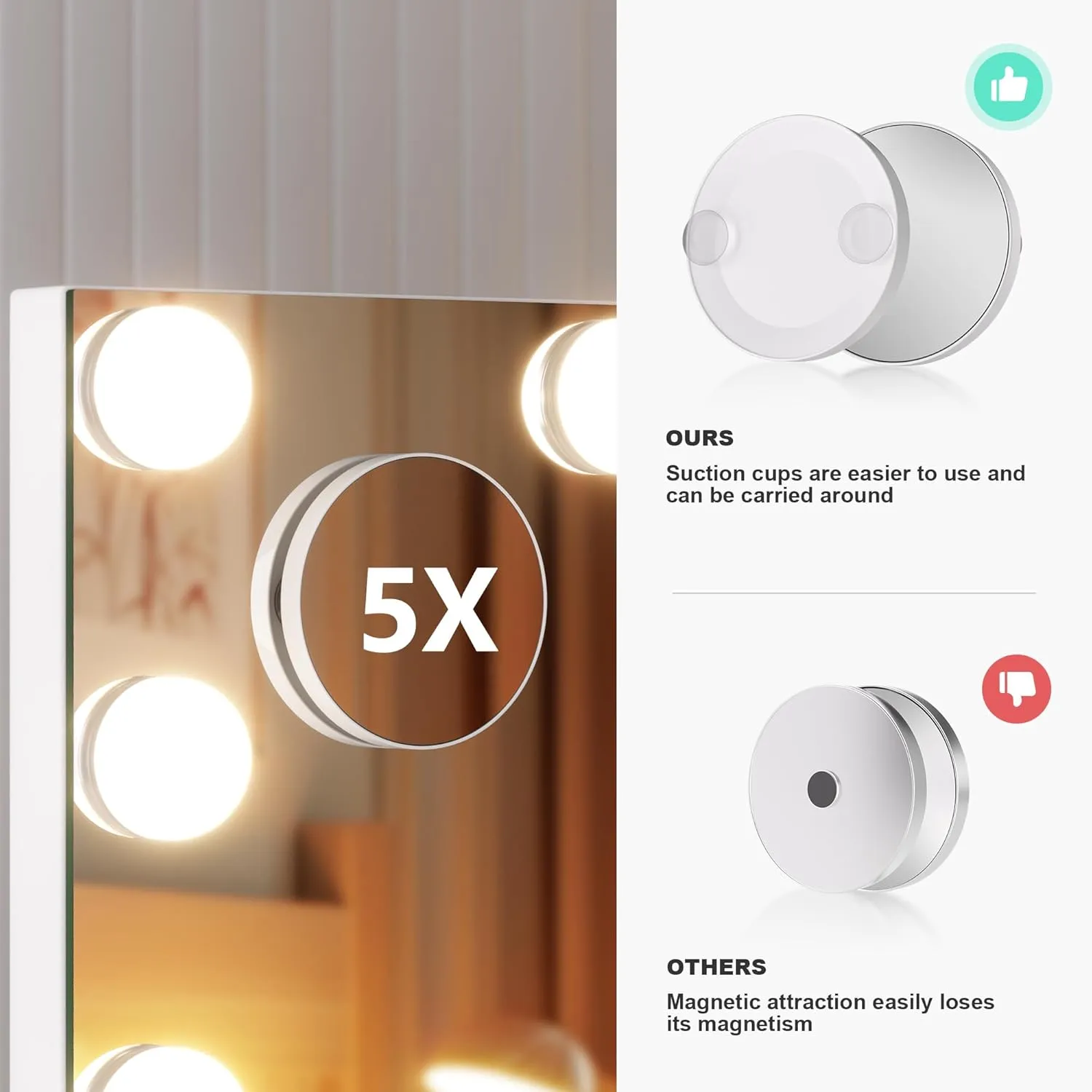 Hasipu Vanity Mirror with Lights and Bluetooth Speaker, 17.7" x 13.8" Hollywood Mirror, Makeup Mirror with 14 Dimmable Bulbs and 10X Magnification, 3 Colors Modes, 360° Rotation, White