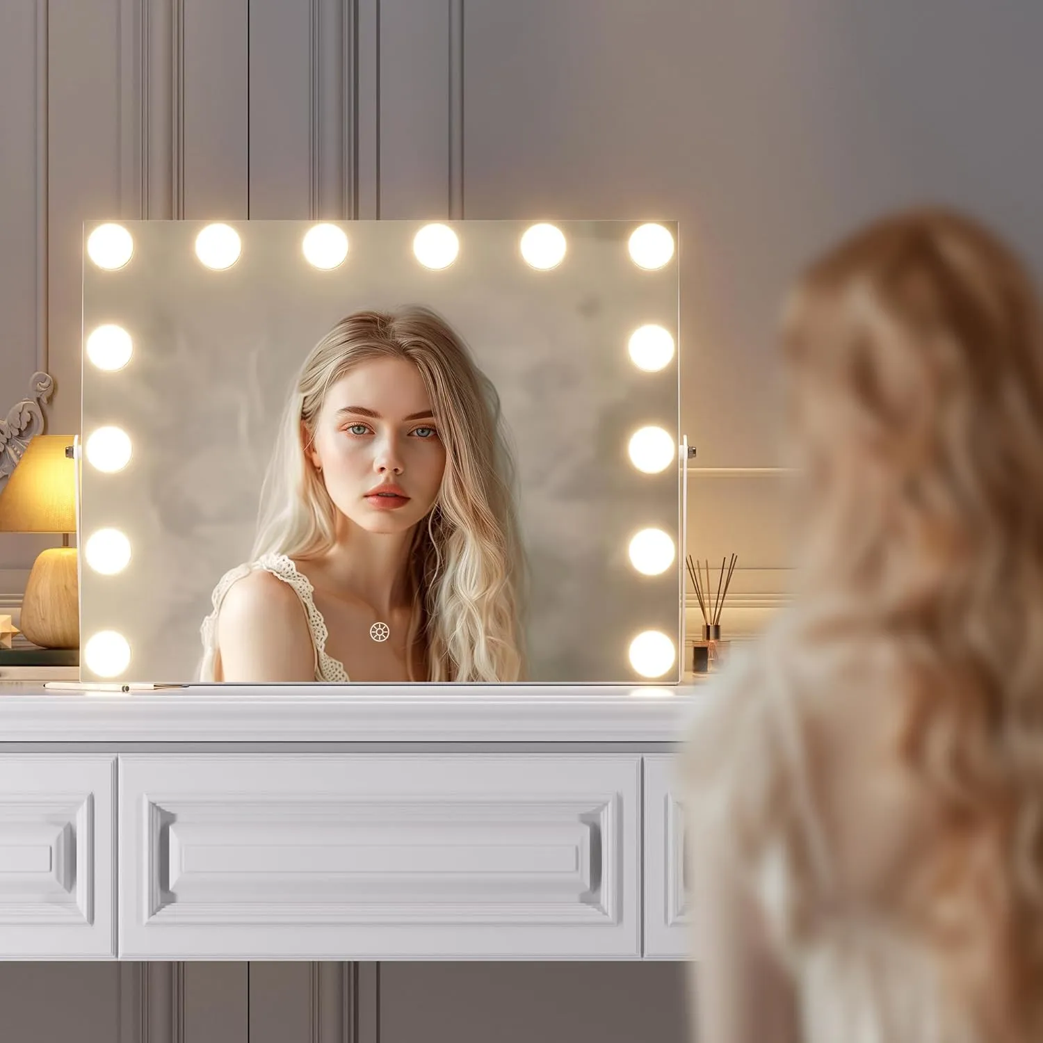 Hasipu Vanity Mirror with Lights and Bluetooth Speaker, 17.7" x 13.8" Hollywood Mirror, Makeup Mirror with 14 Dimmable Bulbs and 10X Magnification, 3 Colors Modes, 360° Rotation, White
