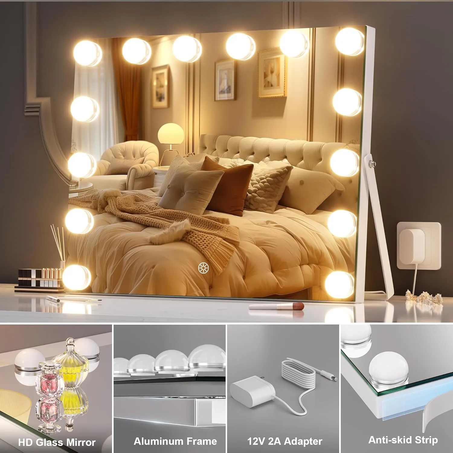 Hasipu Vanity Mirror with Lights and Bluetooth Speaker, 17.7" x 13.8" Hollywood Mirror, Makeup Mirror with 14 Dimmable Bulbs and 10X Magnification, 3 Colors Modes, 360° Rotation, White
