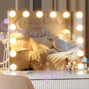 Hasipu Vanity Mirror with Lights and Bluetooth Speaker, 17.7" x 13.8" Hollywood Mirror, Makeup Mirror with 14 Dimmable Bulbs and 10X Magnification, 3 Colors Modes, 360° Rotation, White