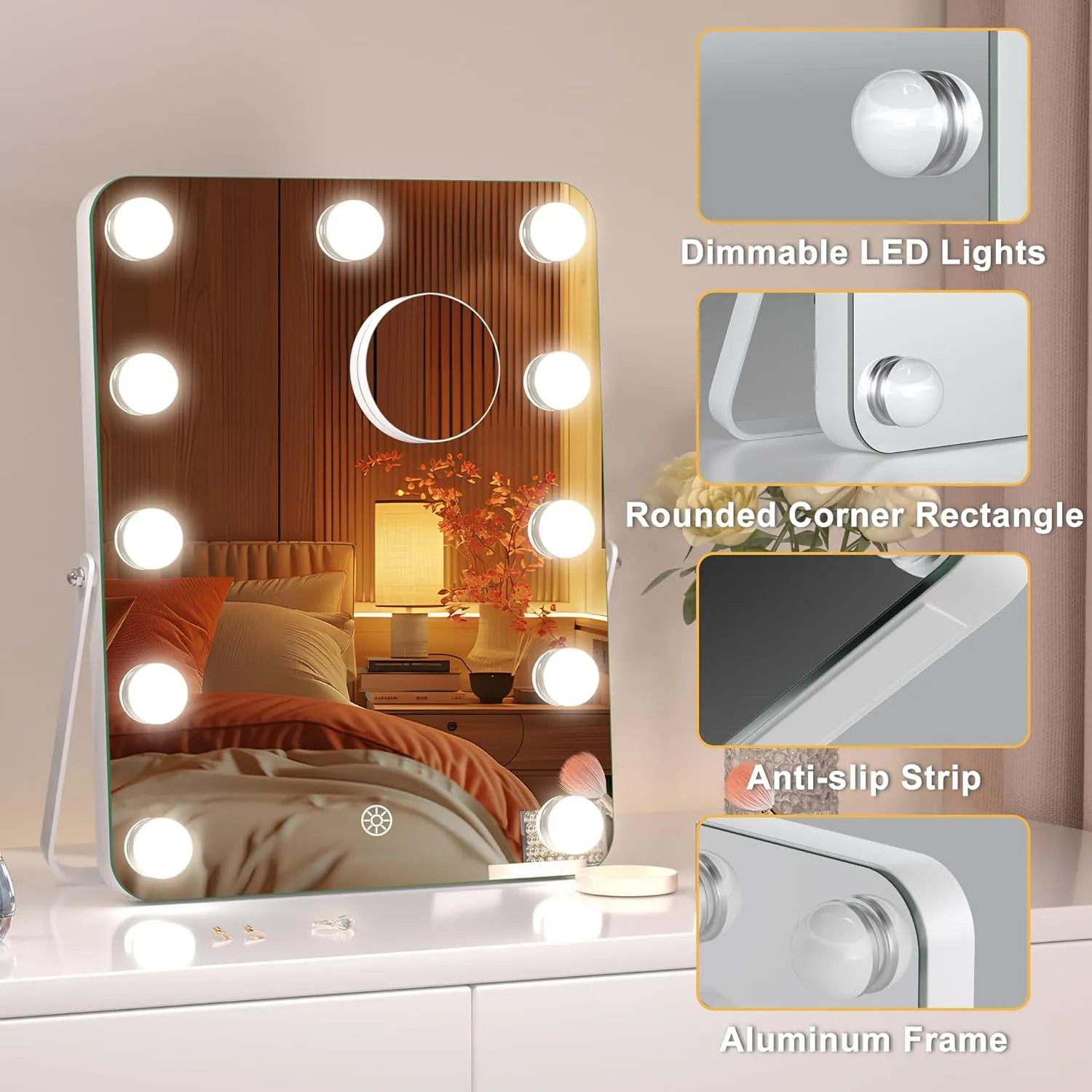Hasipu Vanity Mirror with Lights, Hollywood 11" x 14" LED Makeup Mirror, 3 Modes Light, Smart Touch Control Dimmable, 360°Rotation, Rounded Rectangle White Frame