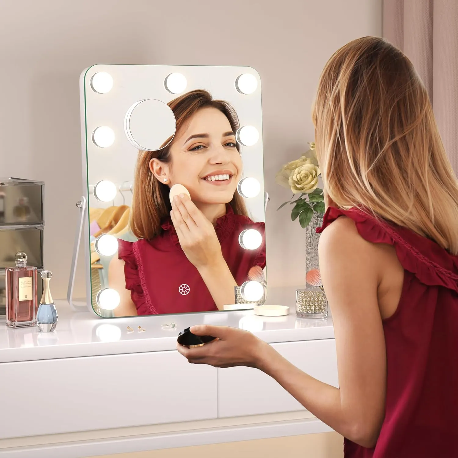 Hasipu Vanity Mirror with Lights, Hollywood 11" x 14" LED Makeup Mirror, 3 Modes Light, Smart Touch Control Dimmable, 360°Rotation, Rounded Rectangle White Frame