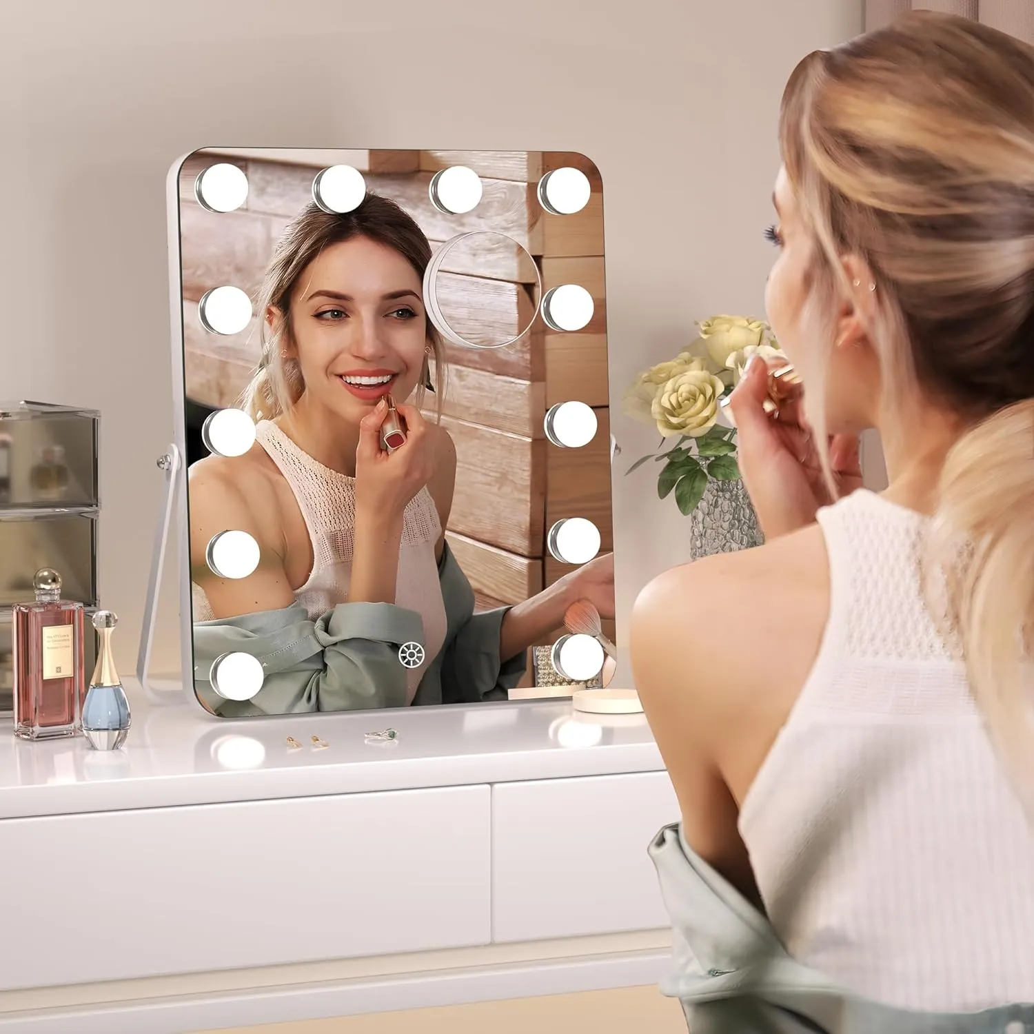 Hasipu Vanity Mirror with Lights, Hollywood 12" x 14" LED Makeup Mirror, 3 Modes Light, Smart Touch Control Dimmable, 360°Rotation, Rounded Rectangle White Frame