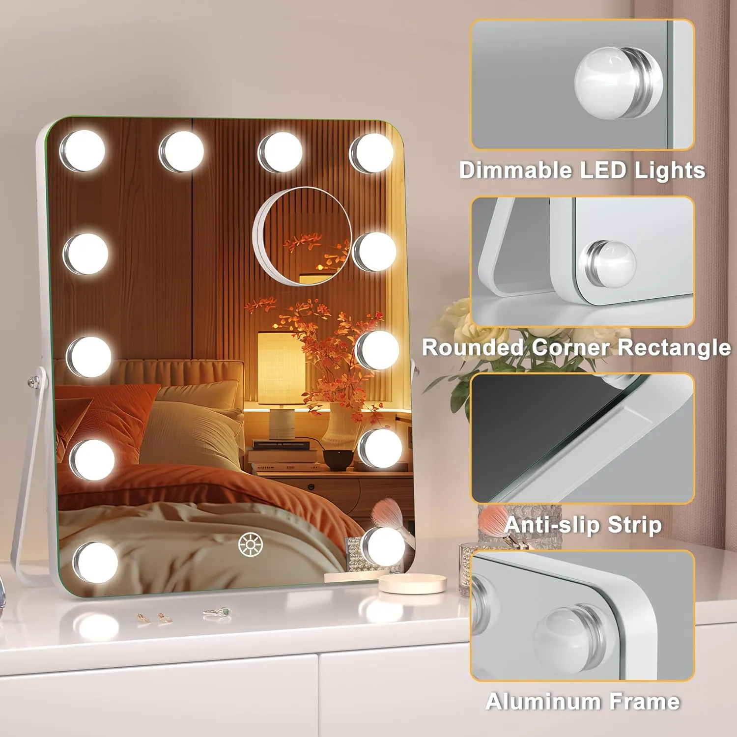 Hasipu Vanity Mirror with Lights, Hollywood 12" x 14" LED Makeup Mirror, 3 Modes Light, Smart Touch Control Dimmable, 360°Rotation, Rounded Rectangle White Frame