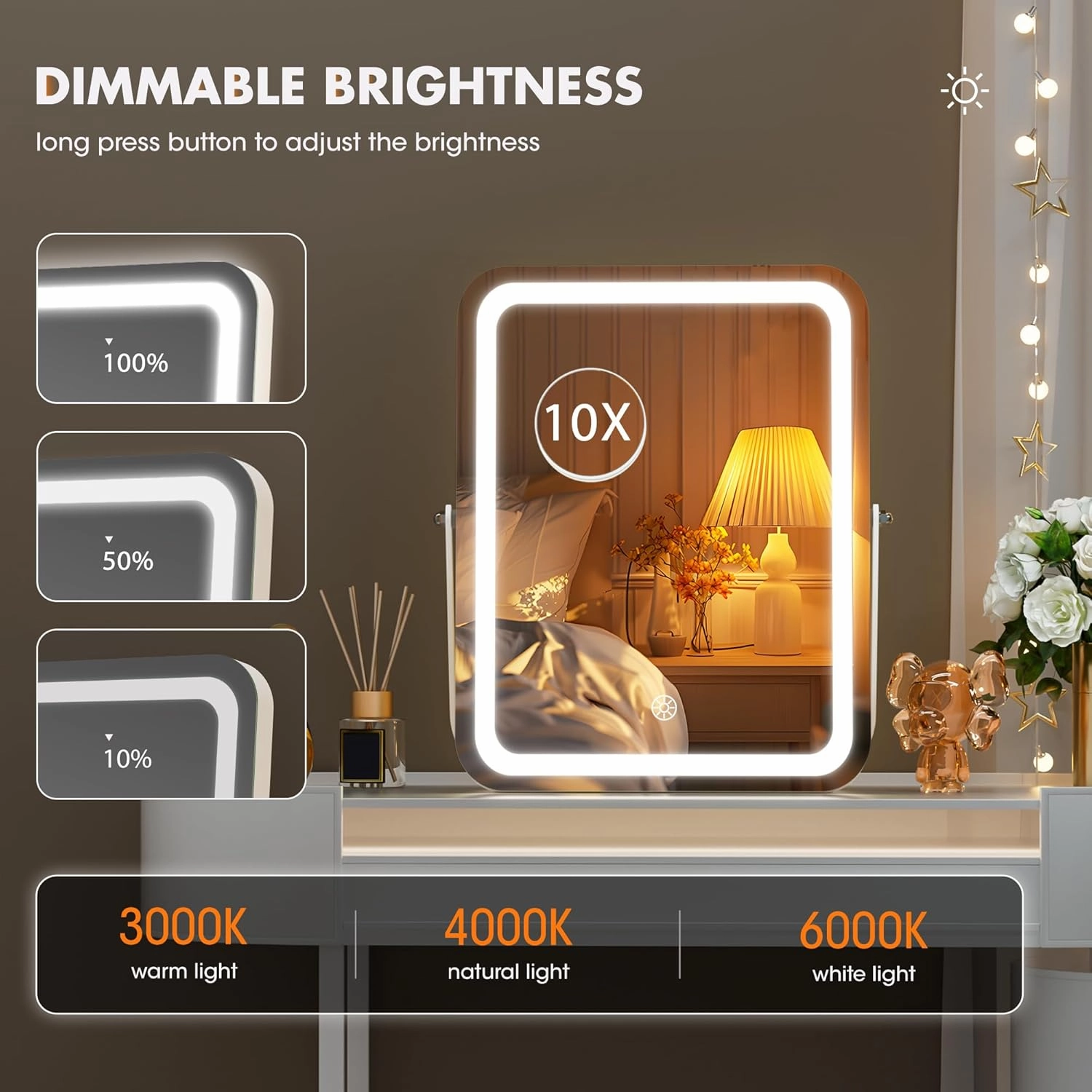 Hasipu LED Makeup Mirror with Bluetooth Speaker, 11" x 14" Vanity Mirror with Lights, Rounded Rectangle White Frame, 3 Modes Light, Smart Touch Control Dimmable, 360°Rotation, With 5X magnifying glass
