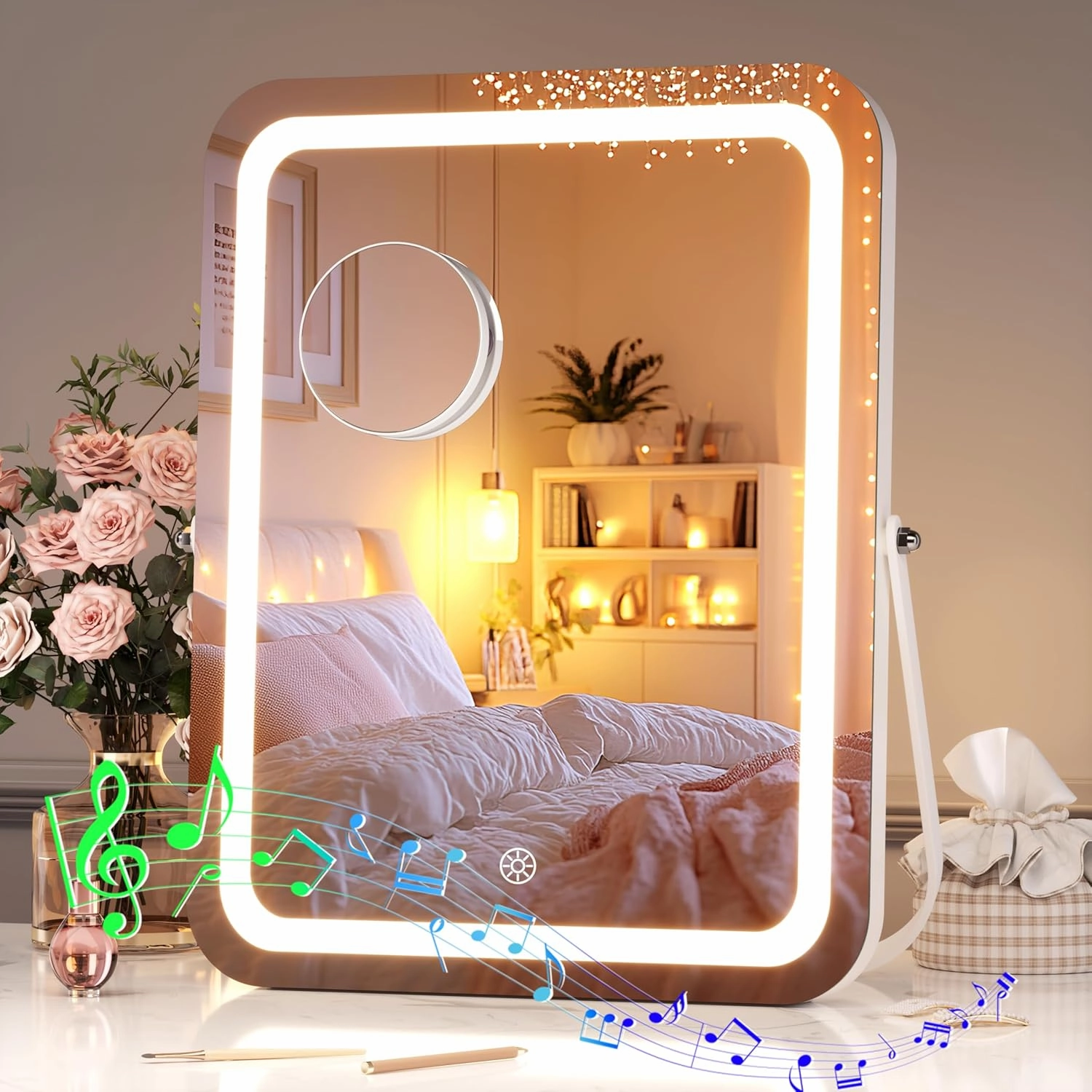 Hasipu LED Makeup Mirror with Bluetooth Speaker, 11" x 14" Vanity Mirror with Lights, Rounded Rectangle White Frame, 3 Modes Light, Smart Touch Control Dimmable, 360°Rotation, With 5X magnifying glass