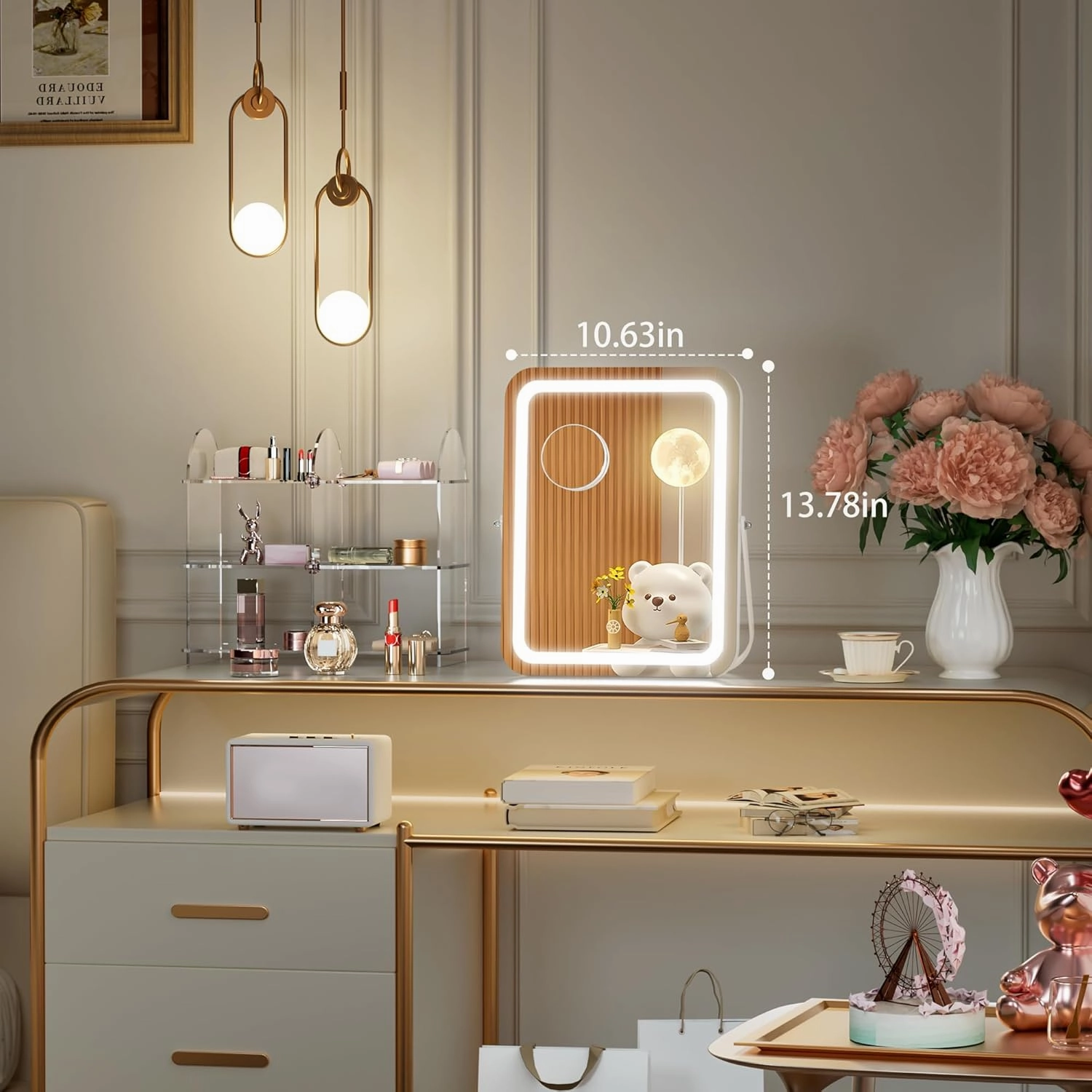 Hasipu LED Makeup Mirror with Bluetooth Speaker, 11" x 14" Vanity Mirror with Lights, Rounded Rectangle White Frame, 3 Modes Light, Smart Touch Control Dimmable, 360°Rotation, With 5X magnifying glass