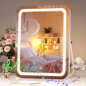 Hasipu LED Makeup Mirror with Bluetooth Speaker, 11" x 14" Vanity Mirror with Lights, Rounded Rectangle White Frame, 3 Modes Light, Smart Touch Control Dimmable, 360°Rotation, With 5X magnifying glass
