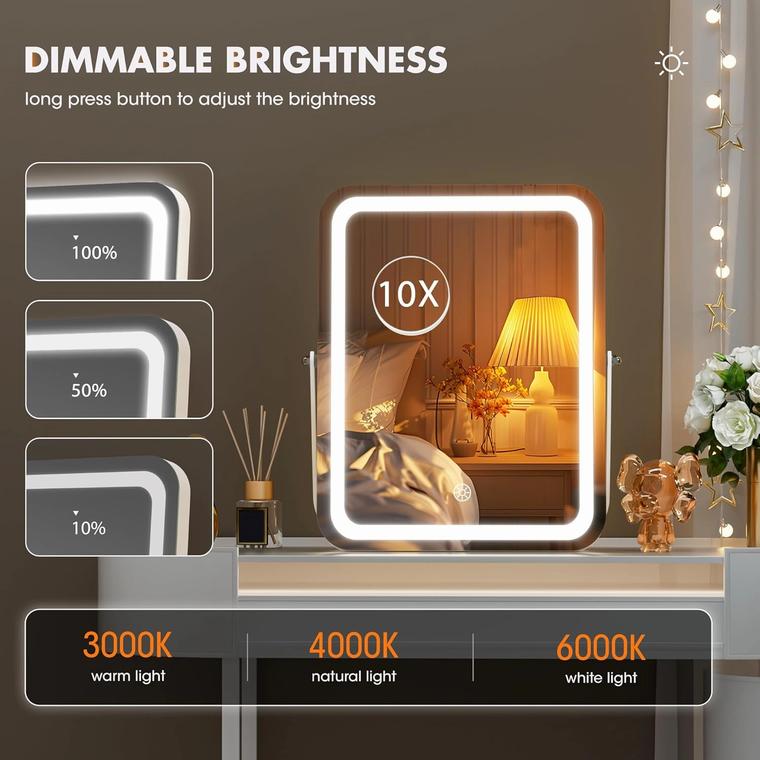 Hasipu LED Makeup Mirror with Bluetooth Speaker, 12" x 14" Vanity Mirror with Lights, 3 Modes Light, Smart Touch Control Dimmable, Rectangle White Frame