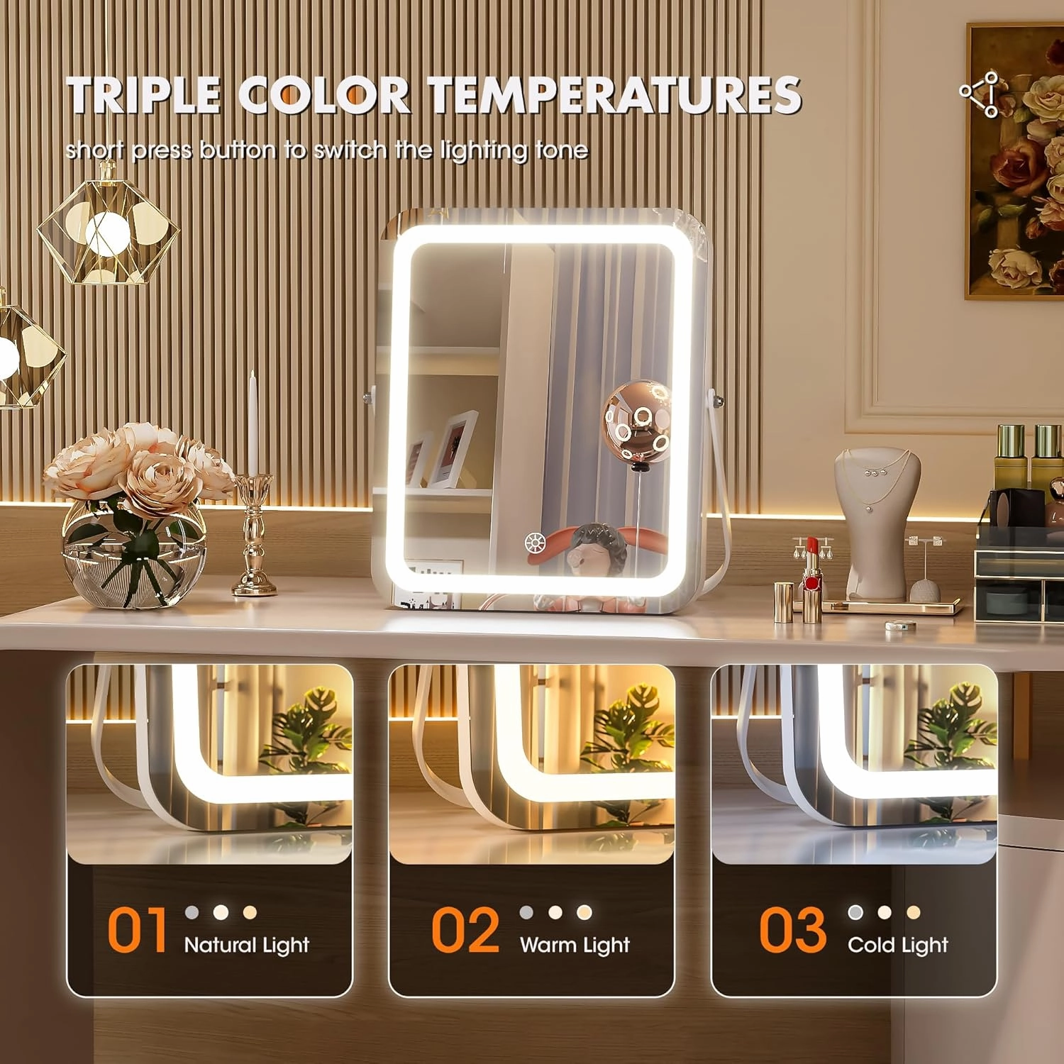Hasipu LED Makeup Mirror with Bluetooth Speaker, 12" x 14" Vanity Mirror with Lights, 3 Modes Light, Smart Touch Control Dimmable, Rectangle White Frame