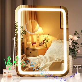 Hasipu LED Makeup Mirror with Bluetooth Speaker, 12" x 14" Vanity Mirror with Lights, 3 Modes Light, Smart Touch Control Dimmable, Rectangle White Frame