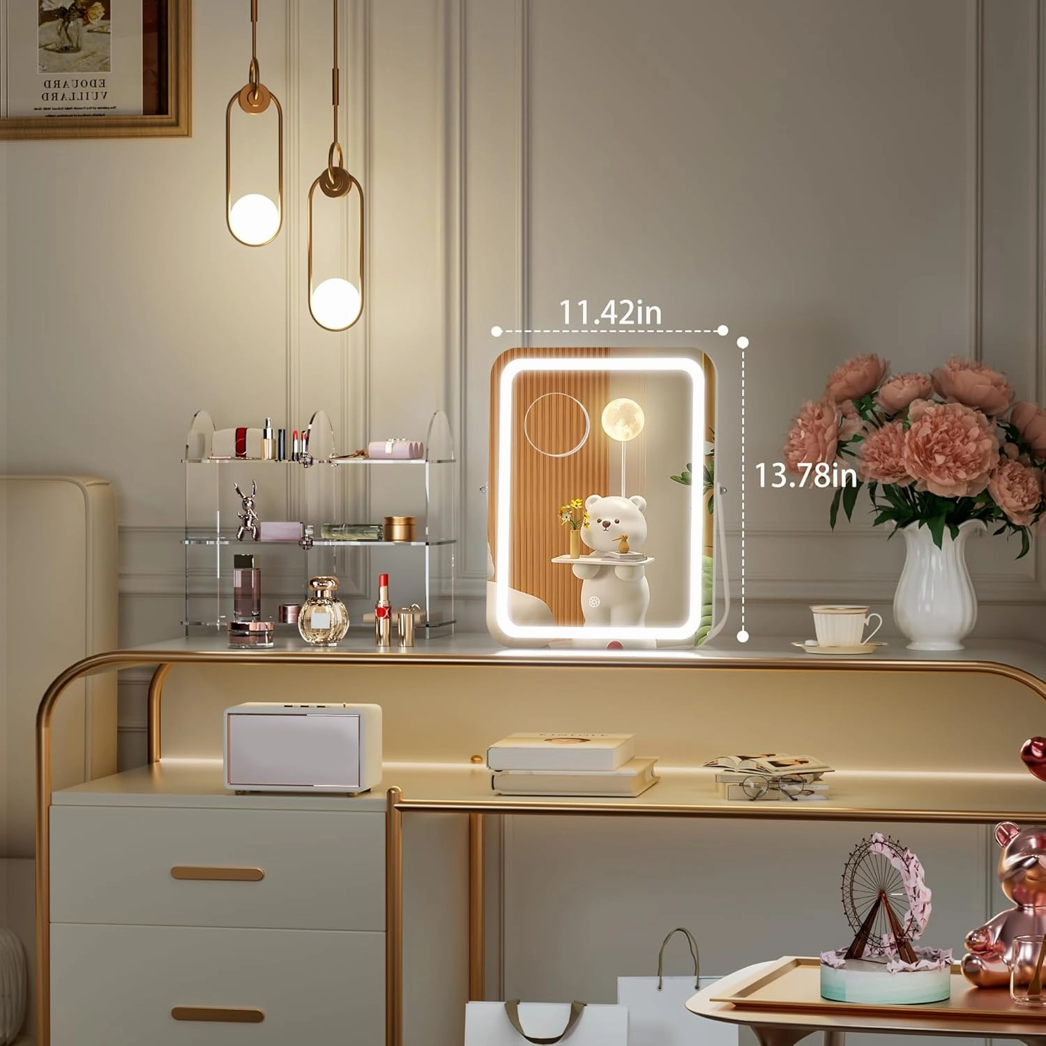 Hasipu LED Makeup Mirror with Bluetooth Speaker, 12" x 14" Vanity Mirror with Lights, 3 Modes Light, Smart Touch Control Dimmable, Rectangle White Frame