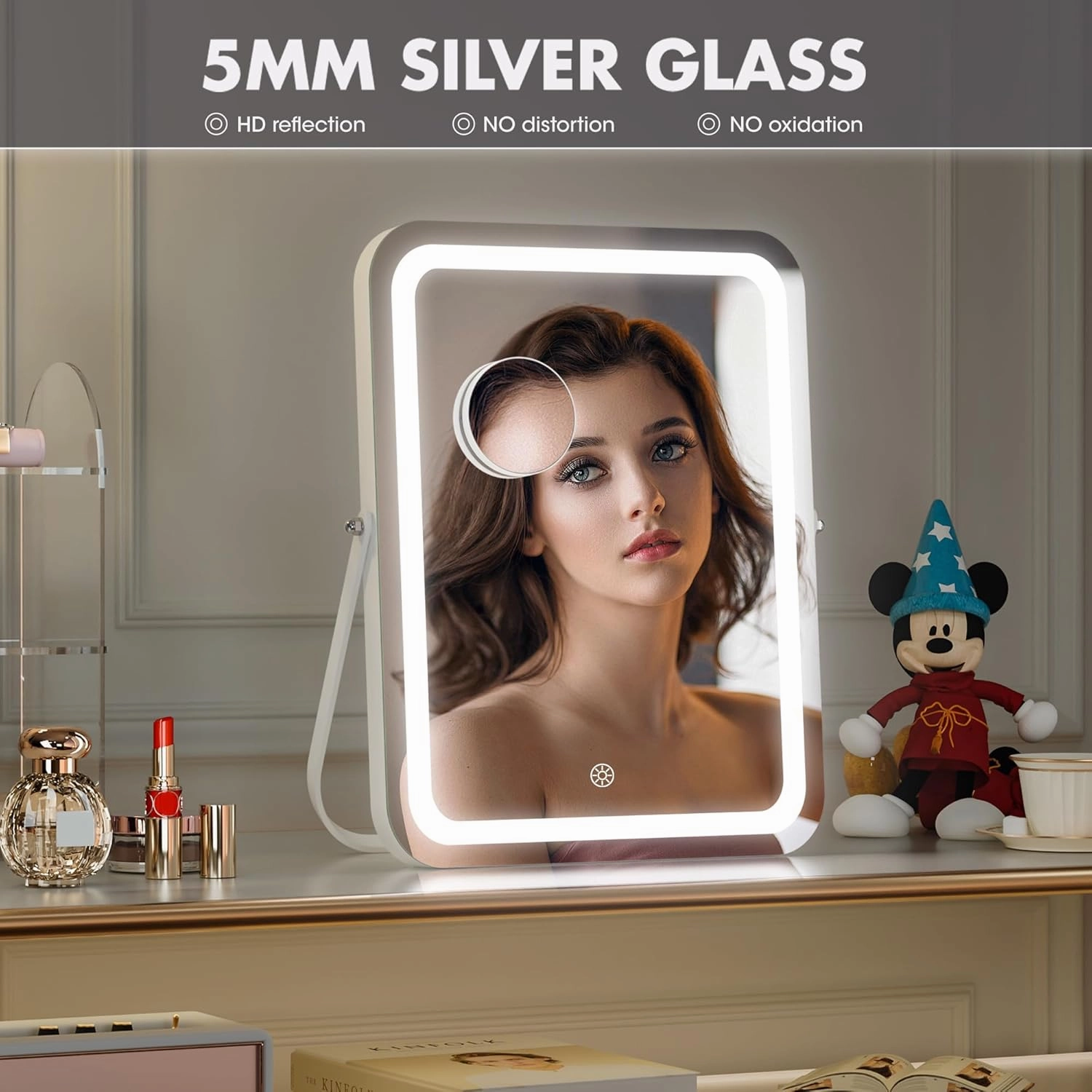 Hasipu LED Makeup Mirror with Bluetooth Speaker, 12" x 14" Vanity Mirror with Lights, 3 Modes Light, Smart Touch Control Dimmable, Rectangle White Frame